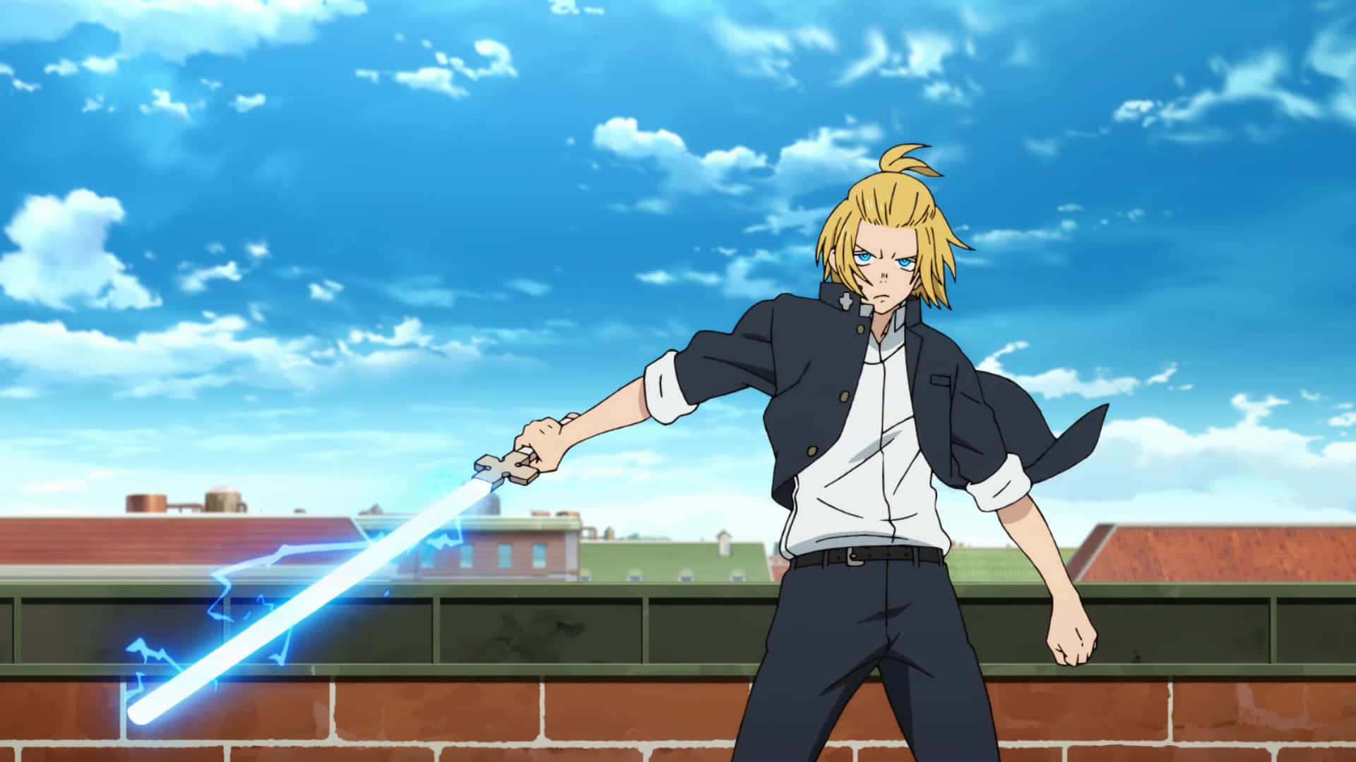 Arthur Boyle, blue firefighter outfit, glowing blue sword, Full HD Desktop Wallpaper