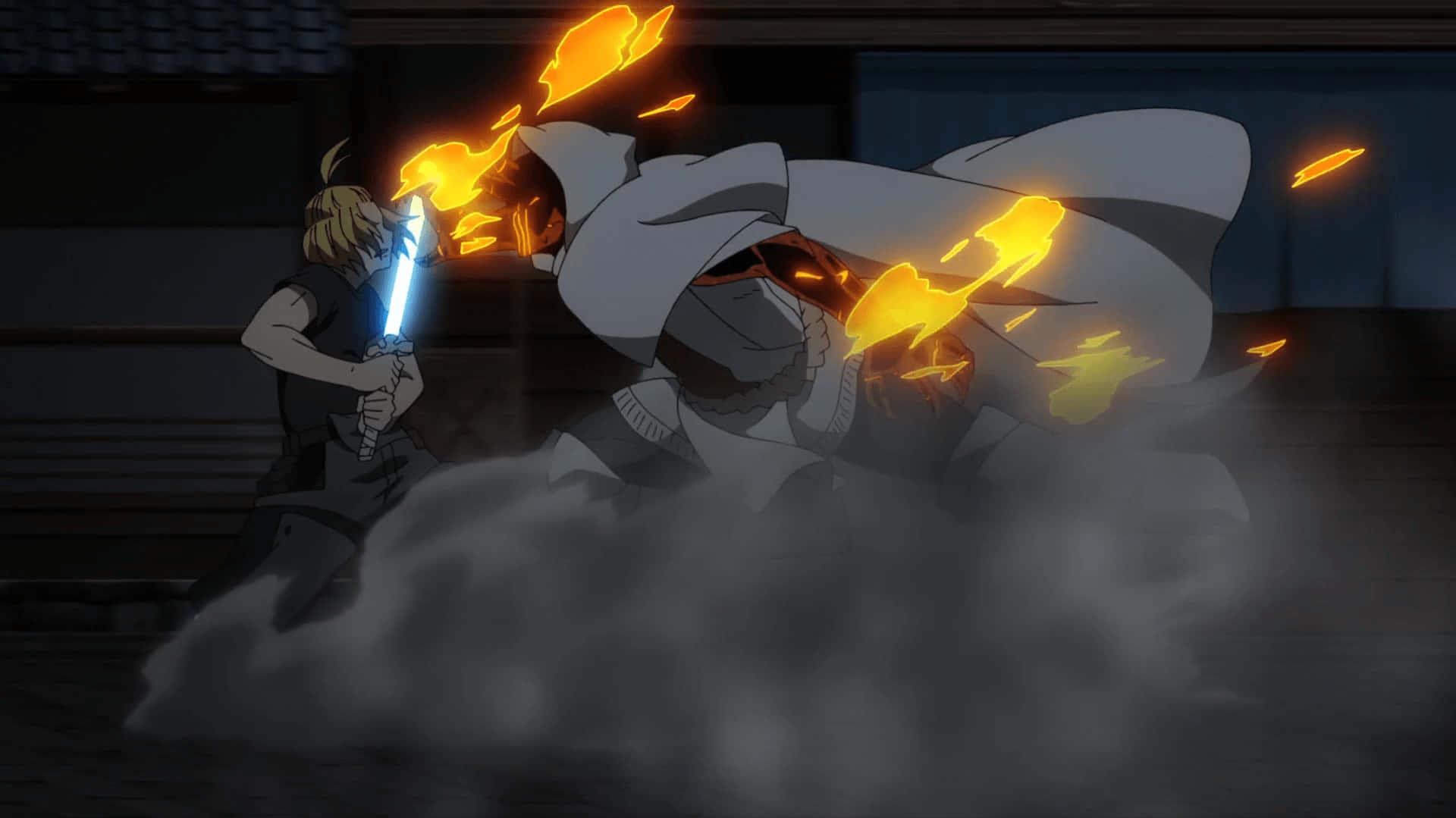 Arthur Boyle, flaming armored giant, smoky nighttime battle, Full HD Desktop Wallpaper