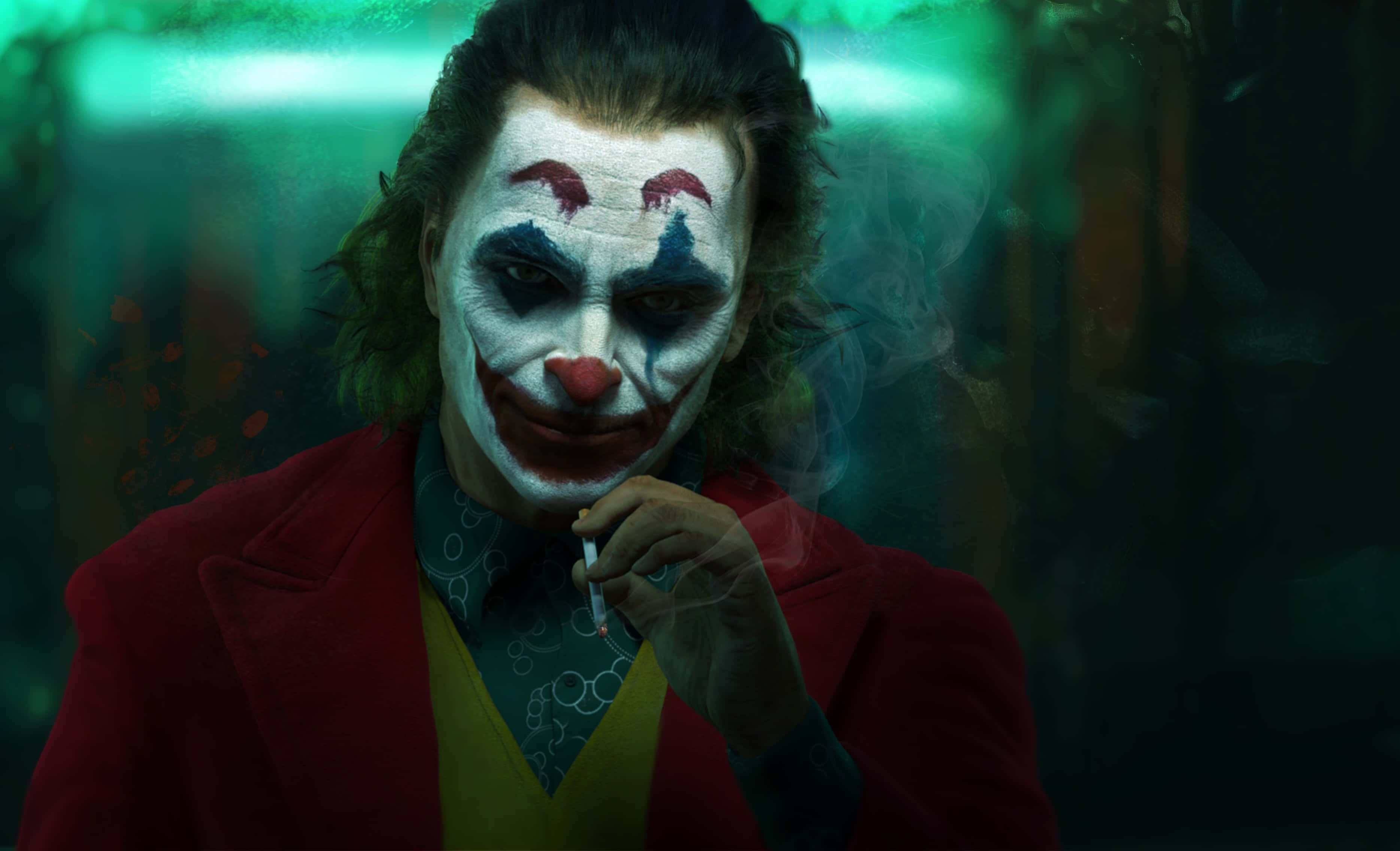 Arthur Fleck, red suit, cigarette, 2K Desktop Wallpaper