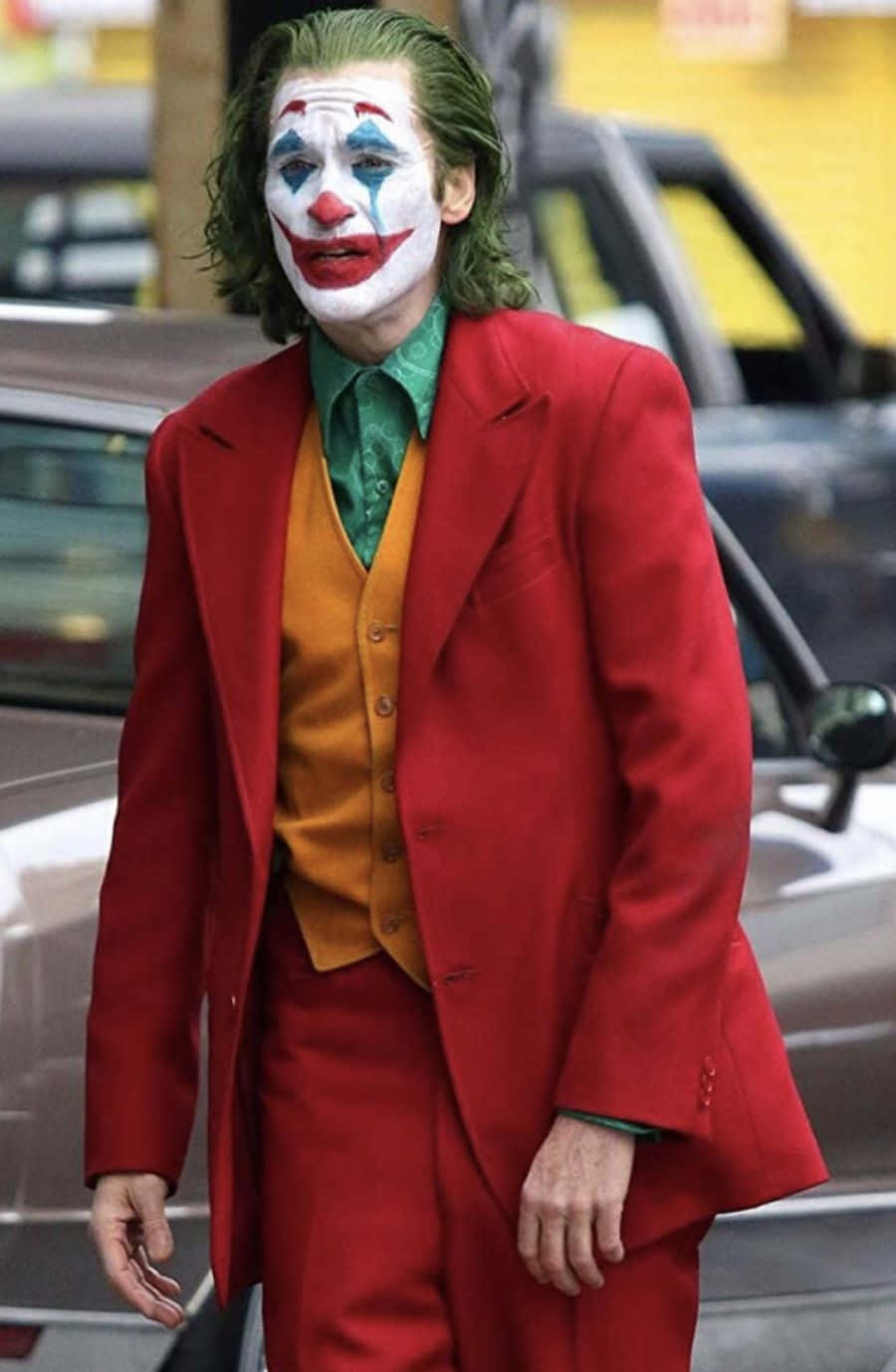 Arthur Fleck, red suit, clown makeup, HD Phone Wallpaper
