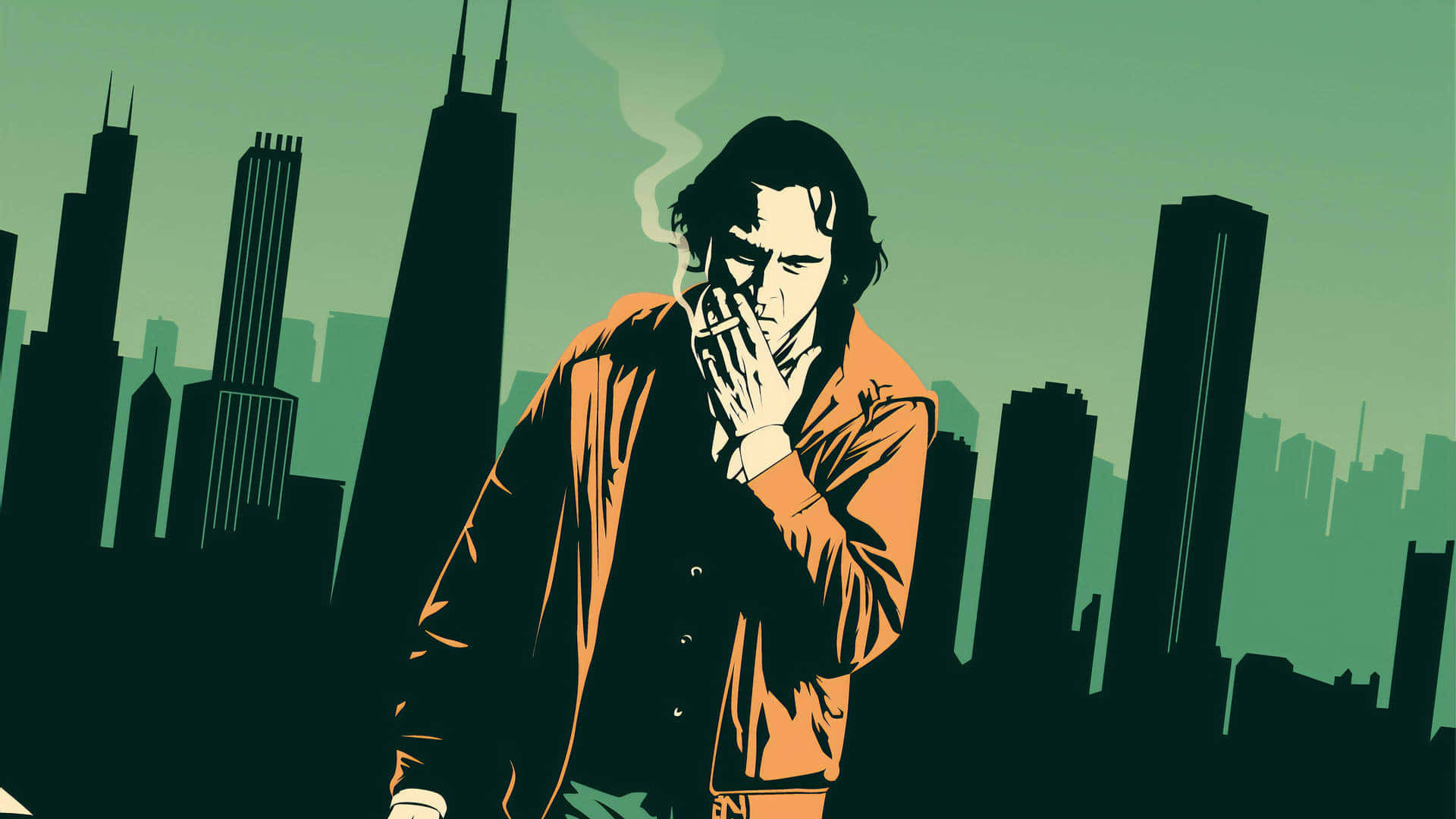 Arthur Fleck, orange jacket, green-tinted city skyline, Full HD Desktop Wallpaper