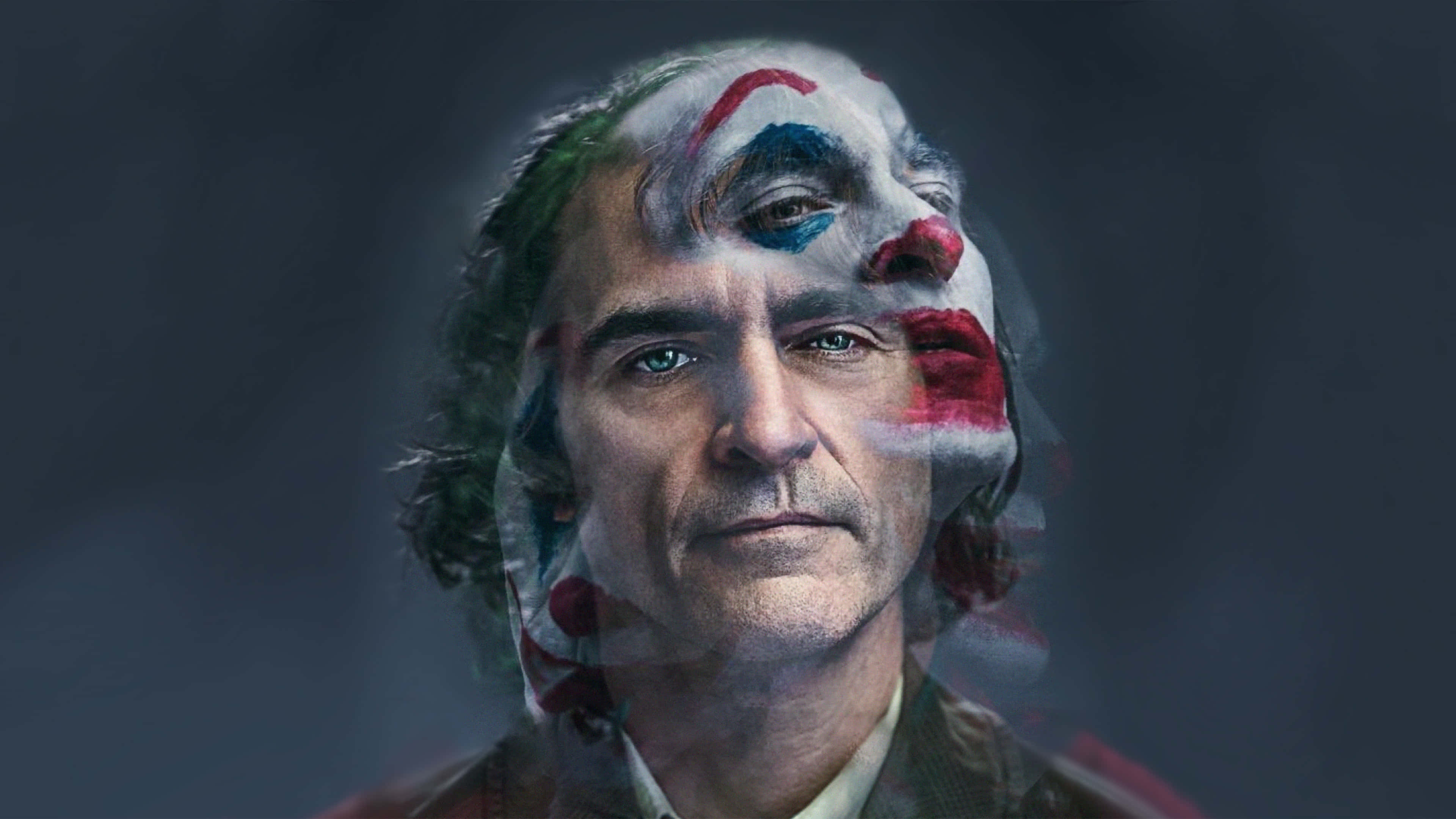 Arthur Fleck, clown makeup overlay, pensive moment, 4K Desktop Wallpaper