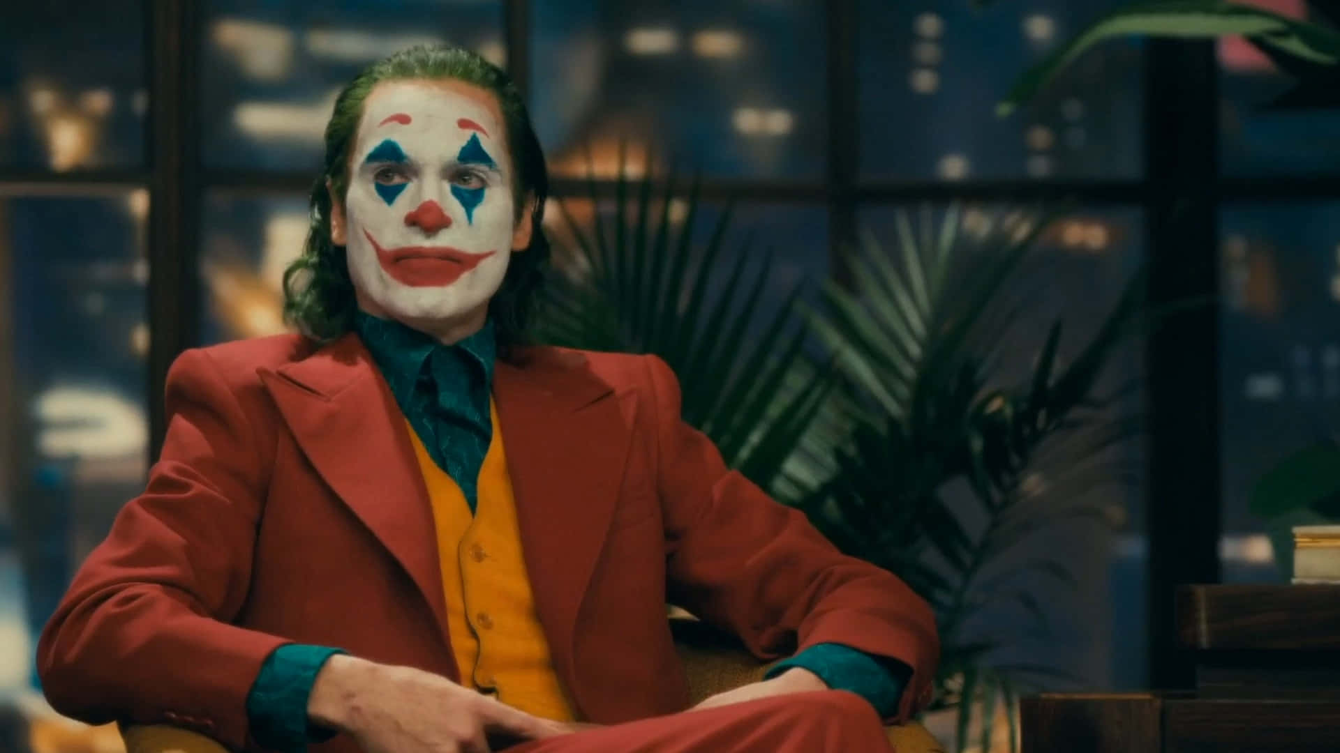 Arthur Fleck, clown makeup, red suit, Full HD Desktop Wallpaper