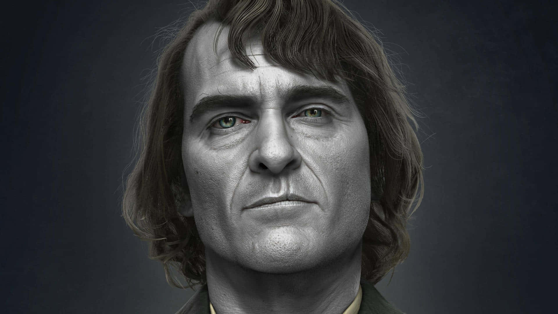 Arthur Fleck, green eyes, tousled brown hair, Full HD Desktop Wallpaper