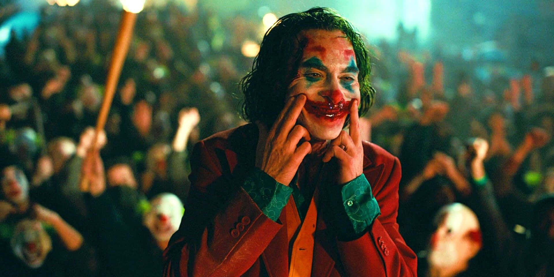 Arthur Fleck, red suit, smeared clown makeup, Full HD Desktop Wallpaper