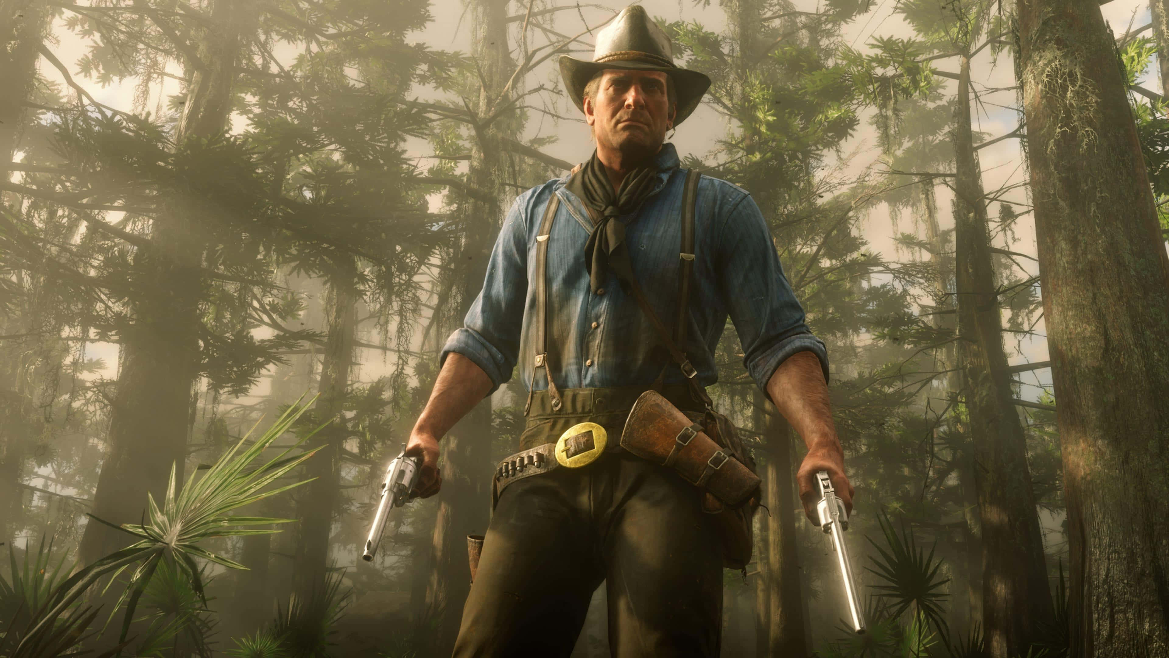 Arthur Morgan, dual wielding, misty swamp forest, 4K Desktop Wallpaper