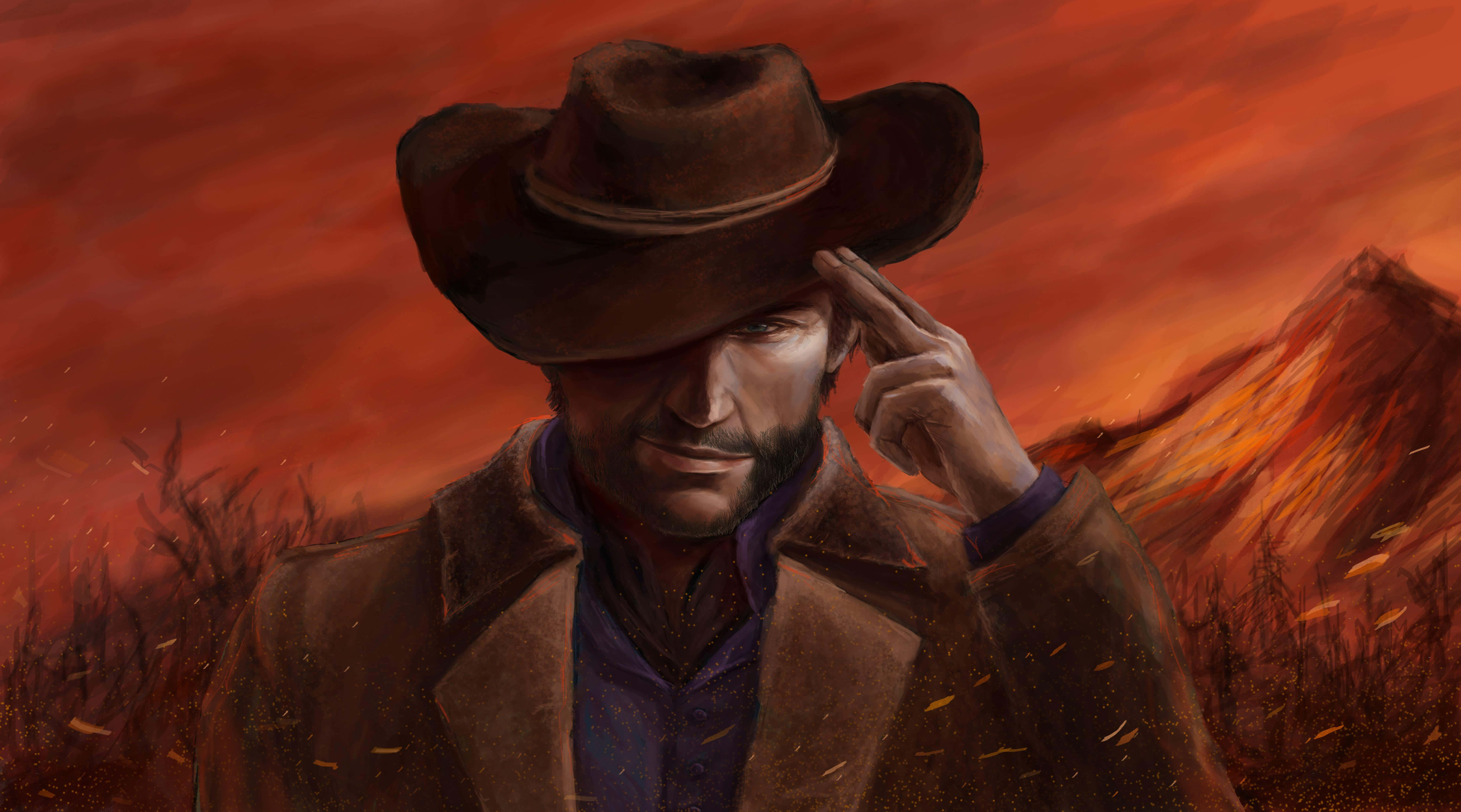 Arthur Morgan, brown hat, fiery orange sunset, 5K Desktop Wallpaper