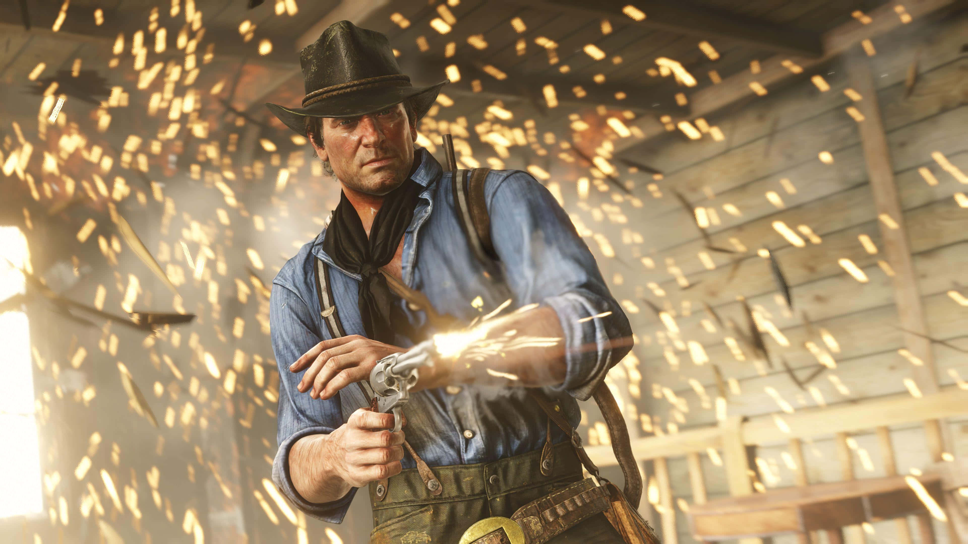 Arthur Morgan, revolver, dusty barn, 4K Desktop Wallpaper