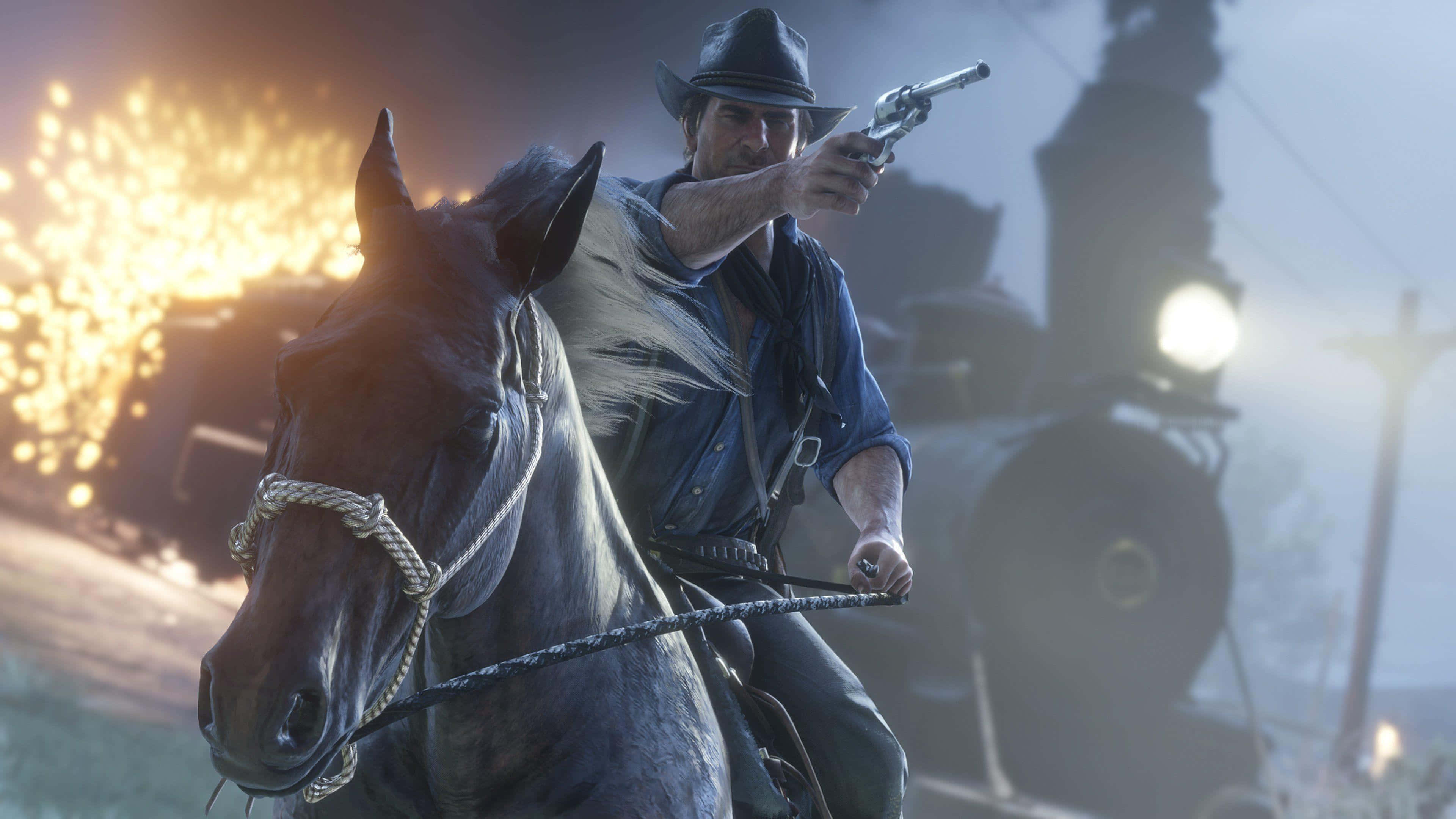 Arthur Morgan, train robbery, dark horse, 4K Desktop Wallpaper