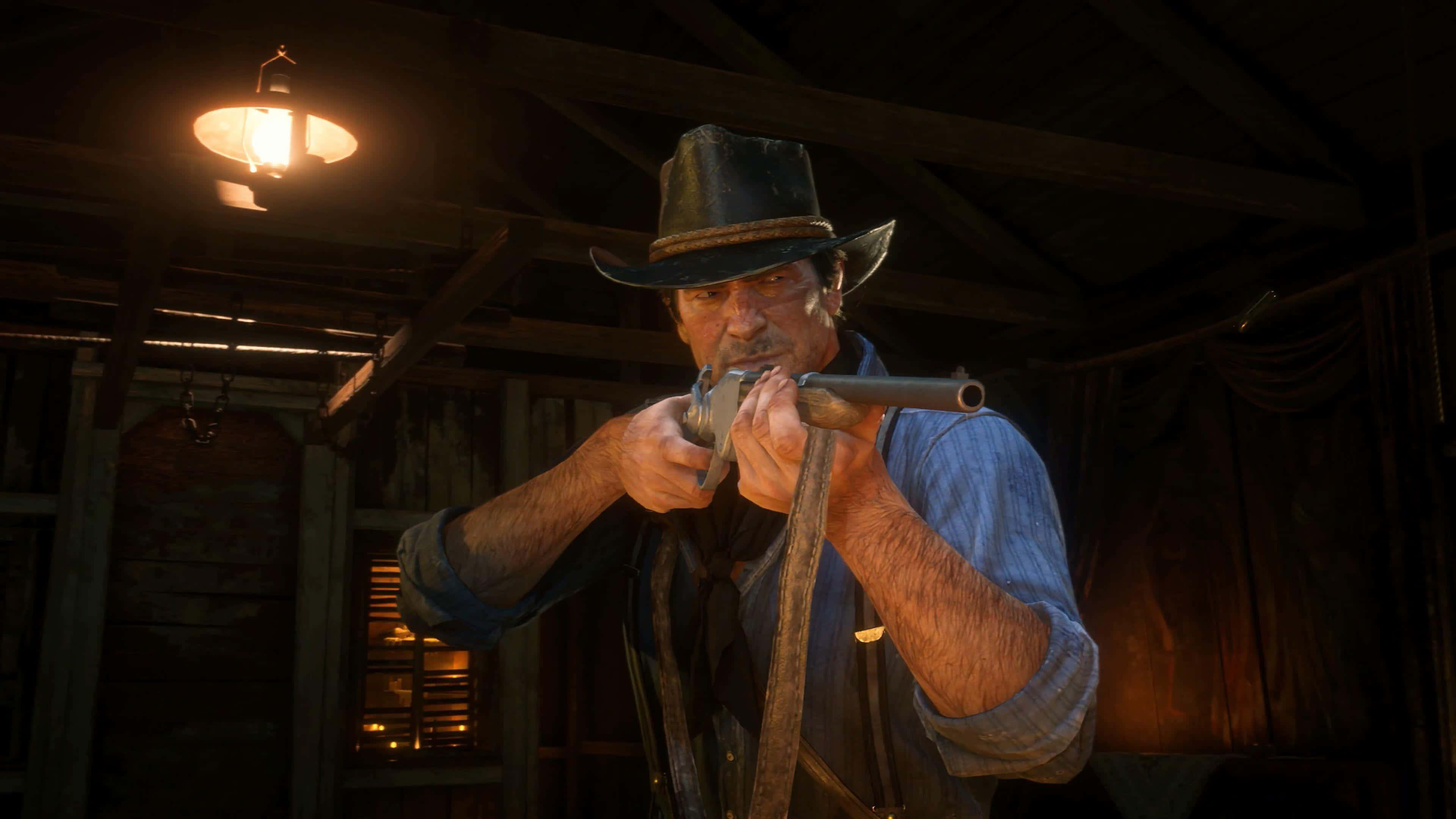 Arthur Morgan, double barrel shotgun, dimly lit saloon, 4K Desktop Wallpaper