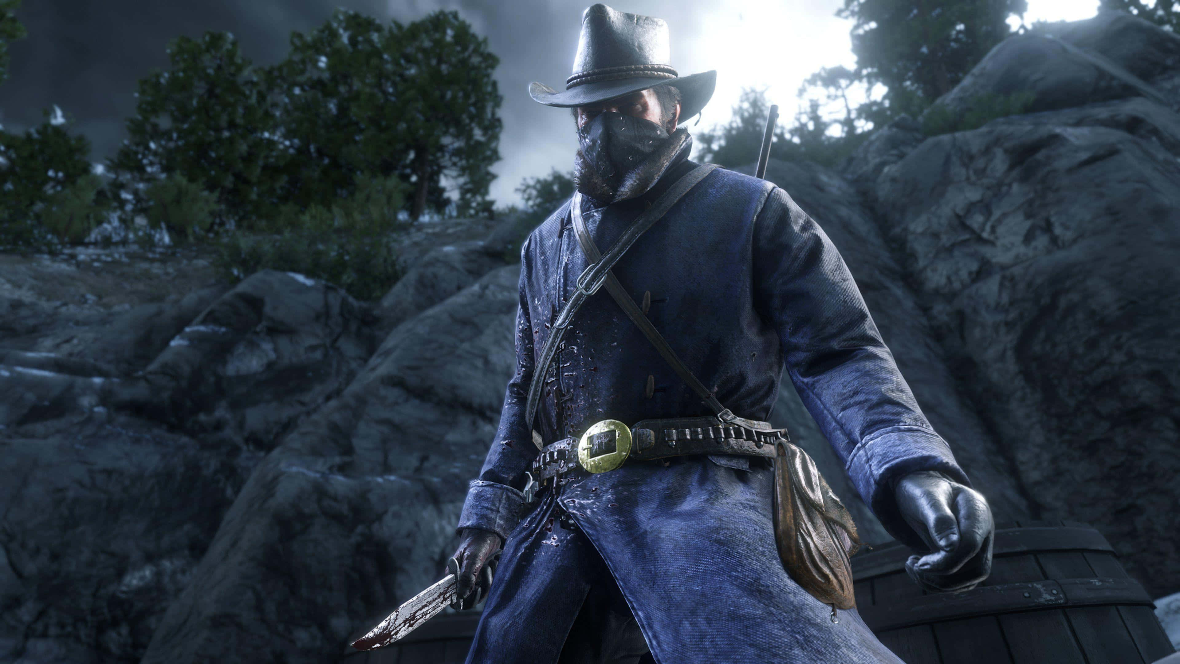 Arthur Morgan, blue coat, knife, 4K Desktop Wallpaper