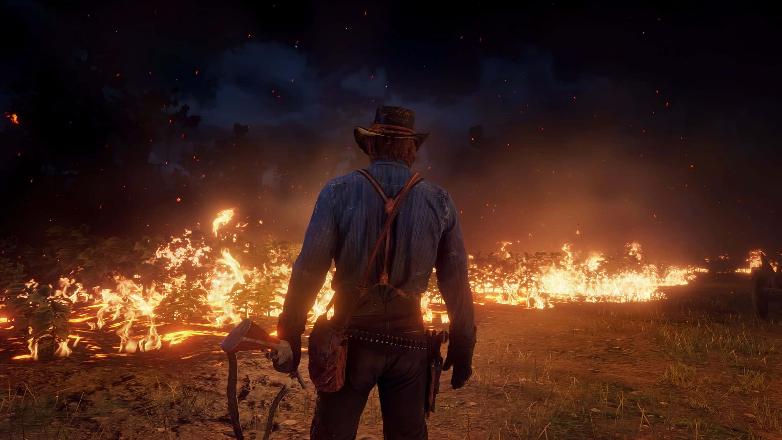 Arthur Morgan, wildfire, dark sky, 2K Desktop Wallpaper