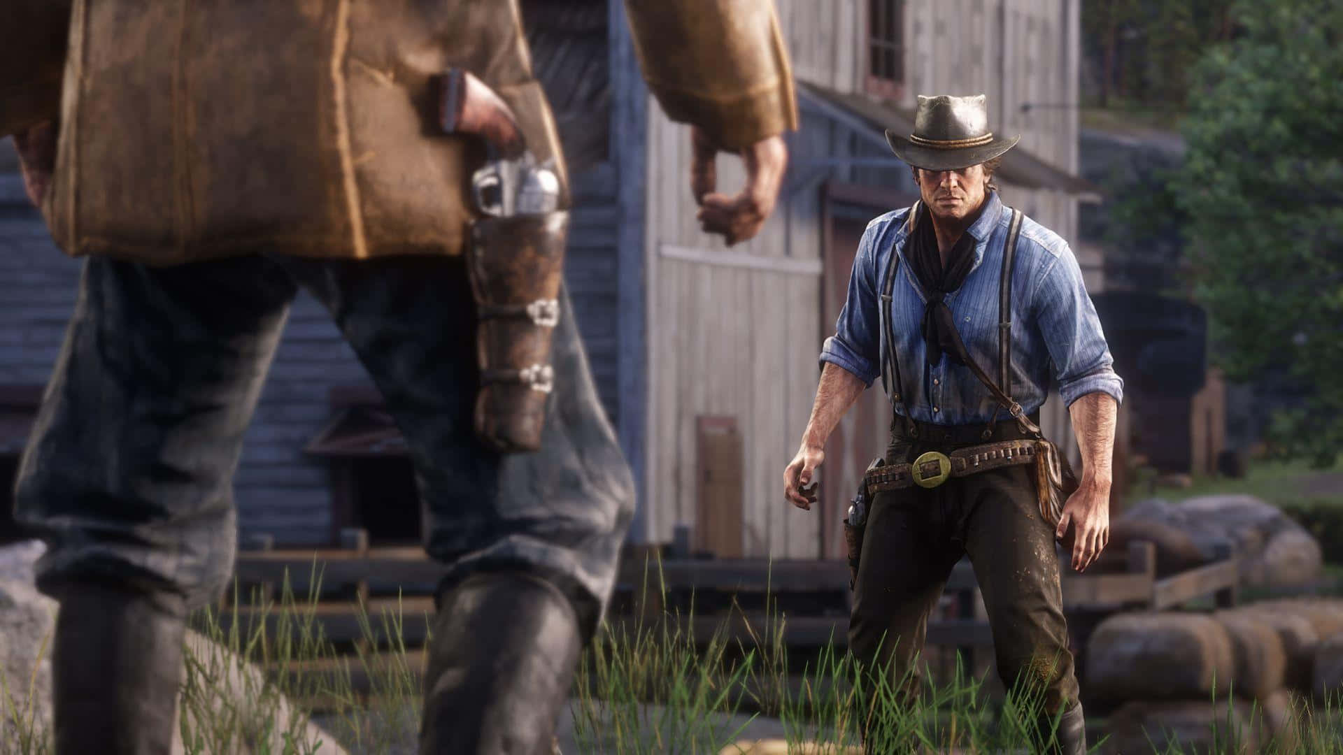 Arthur Morgan, western town, wooden buildings, Full HD Desktop Wallpaper