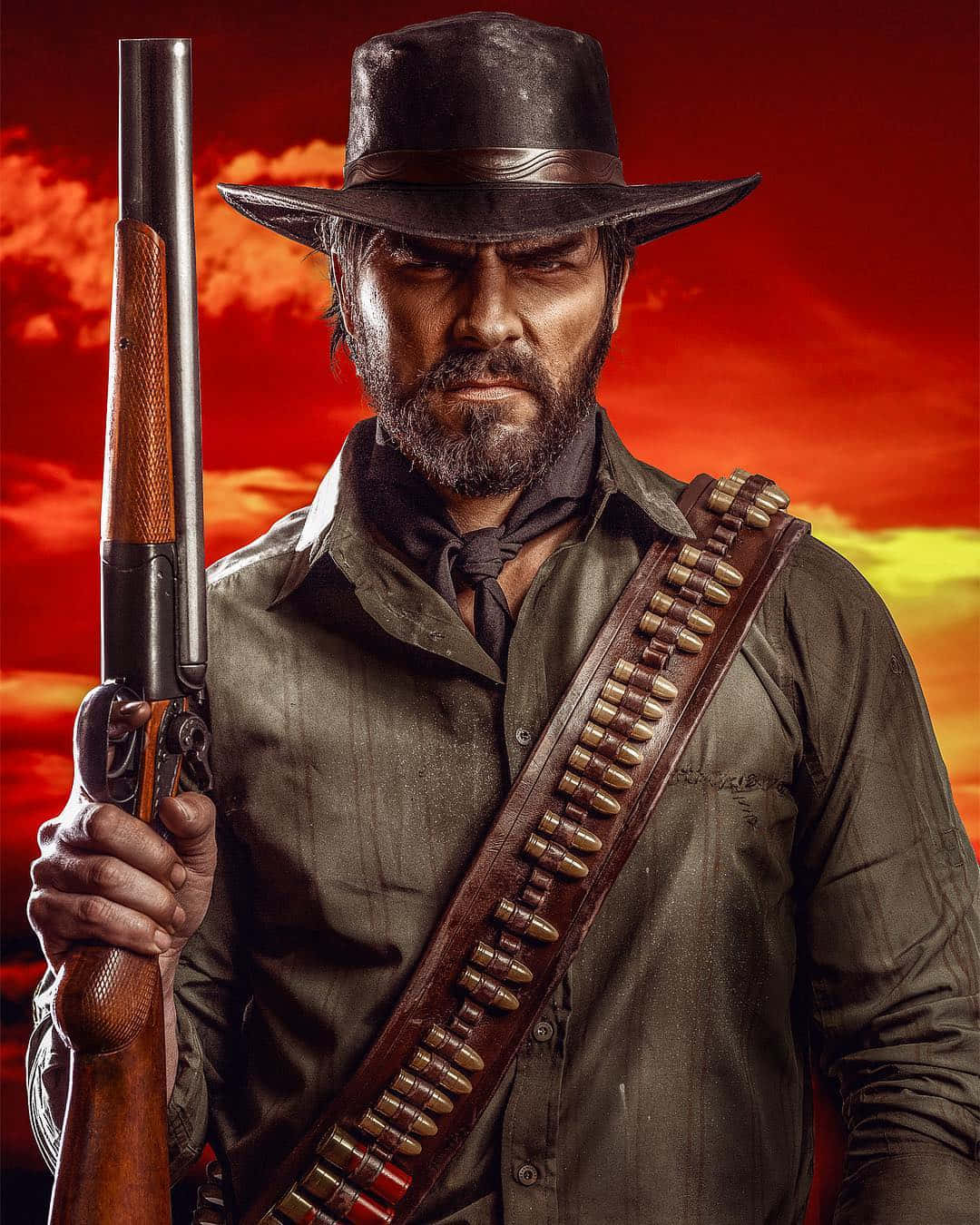 Arthur Morgan, shotgun, fiery red sunset, HD Phone Wallpaper