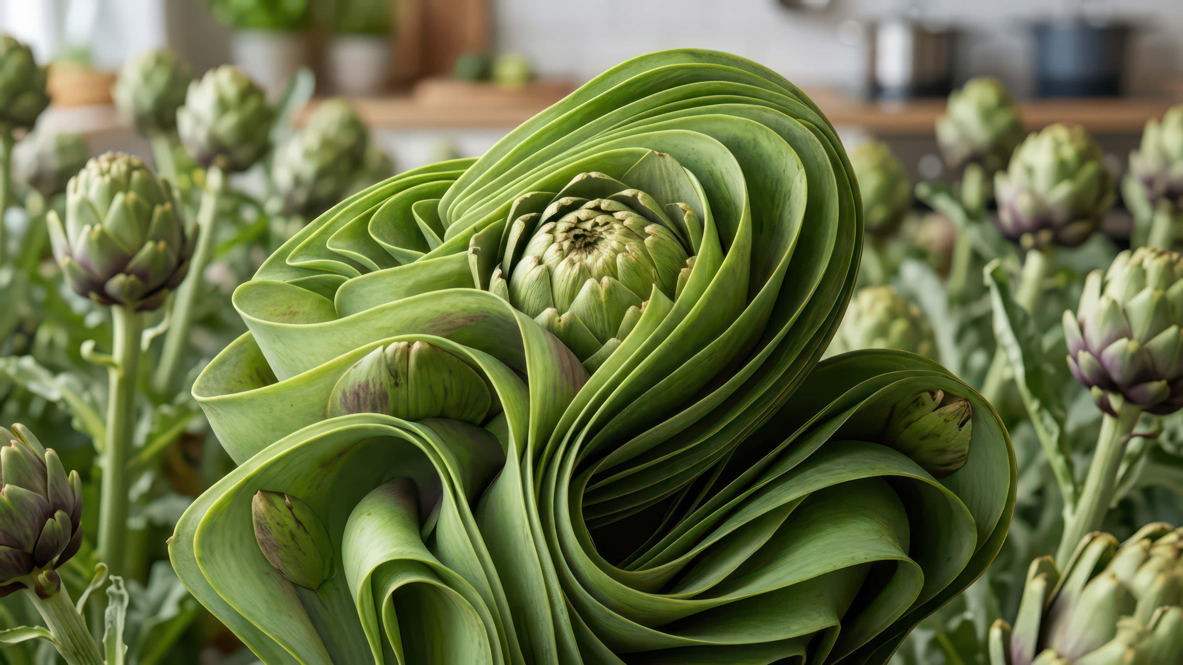 Artichoke, surreal close-up, spiraling green artichoke, 4K Desktop Wallpaper