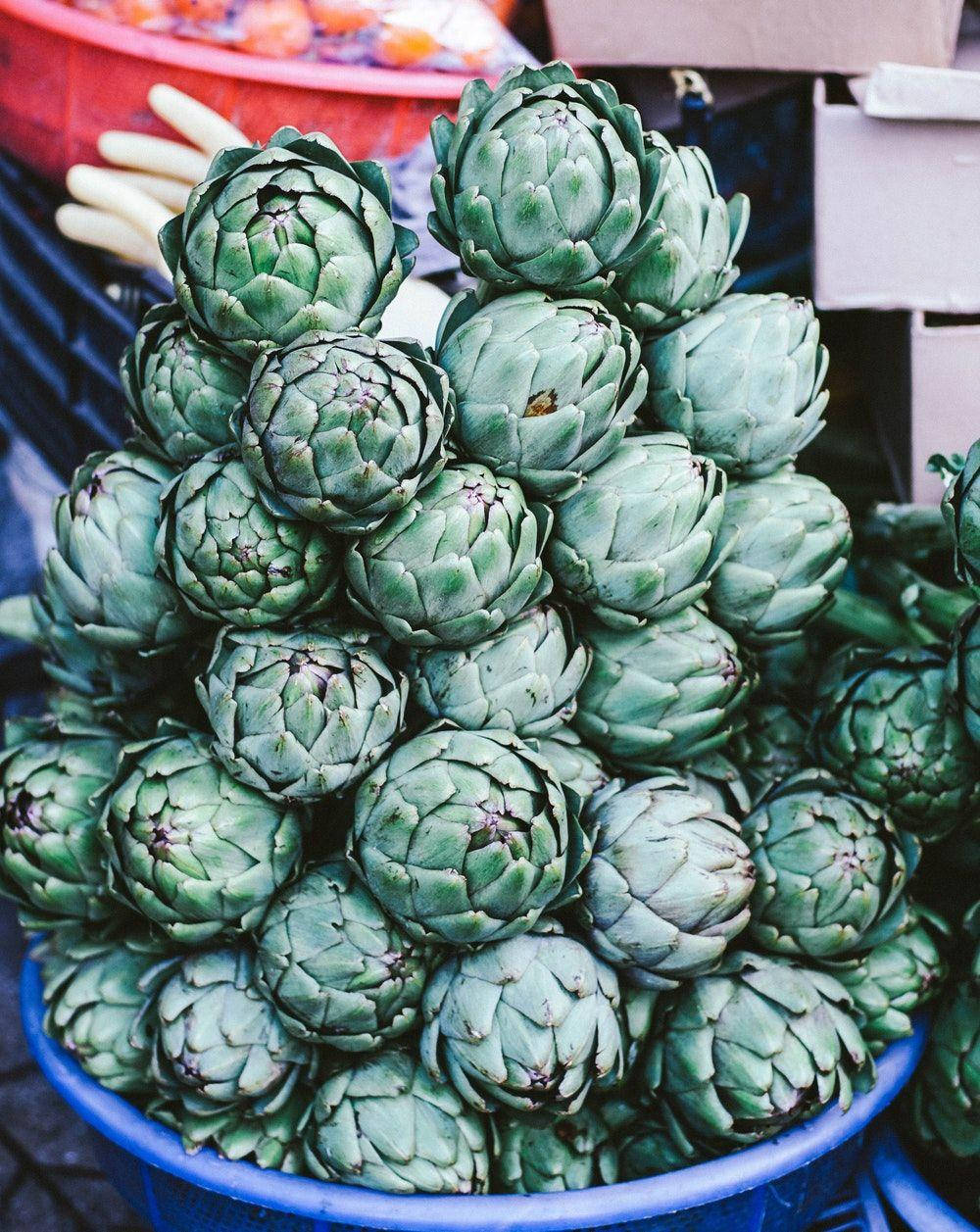 green artichoke, blue market basket, vibrant pyramid, SD Phone Wallpaper