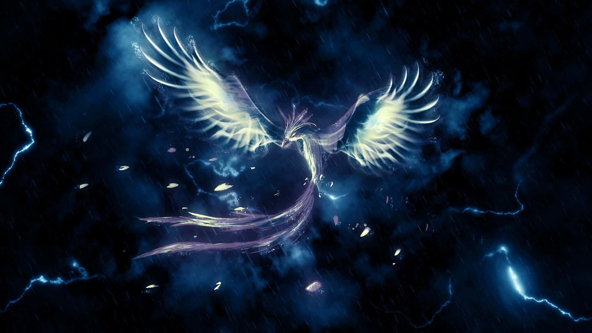 Articuno, glowing wings, stormy night sky, Full HD Desktop Wallpaper