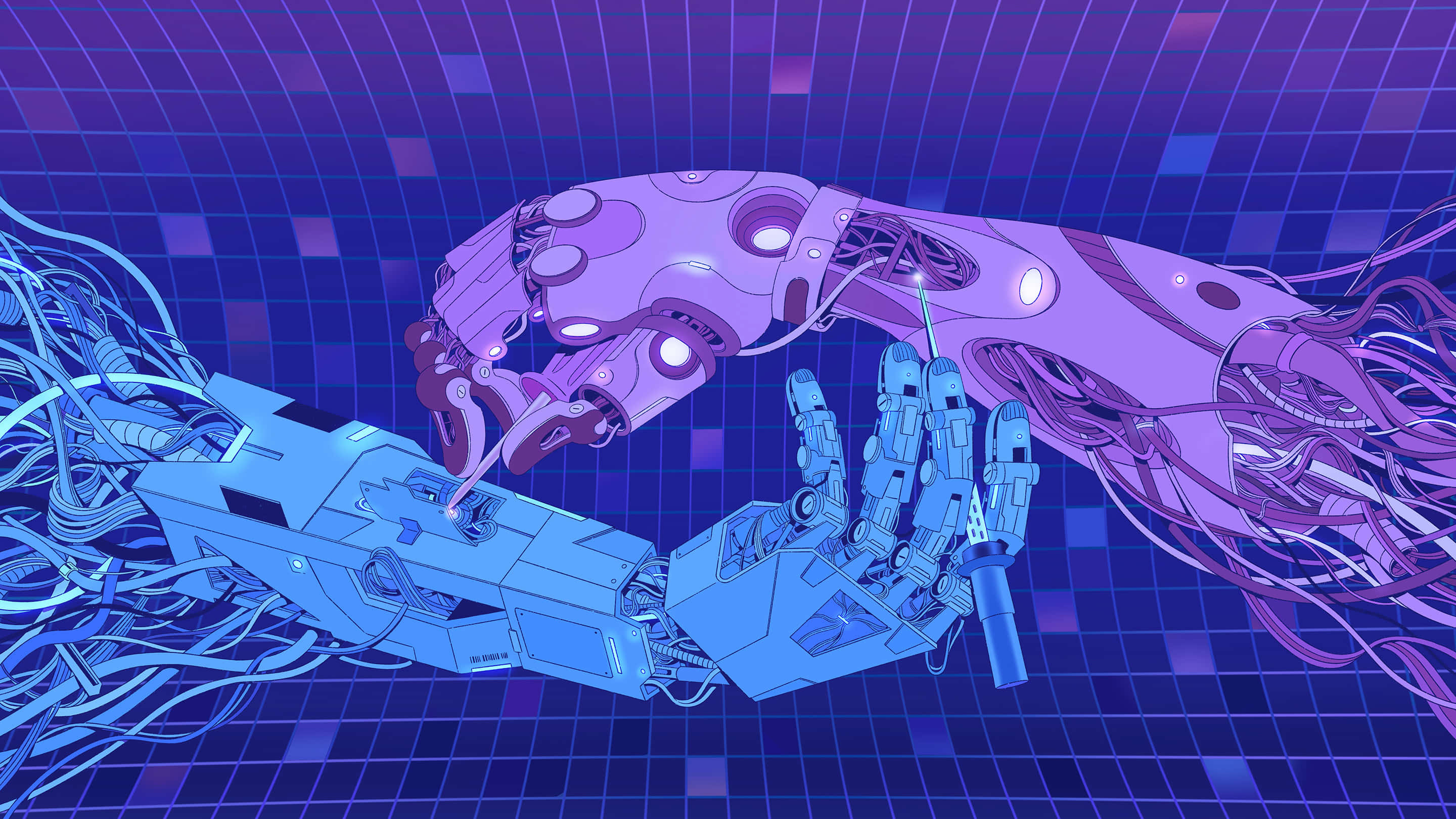 preemptive ai technology, purple robotic arm, glowing joints, 2K Desktop Wallpaper