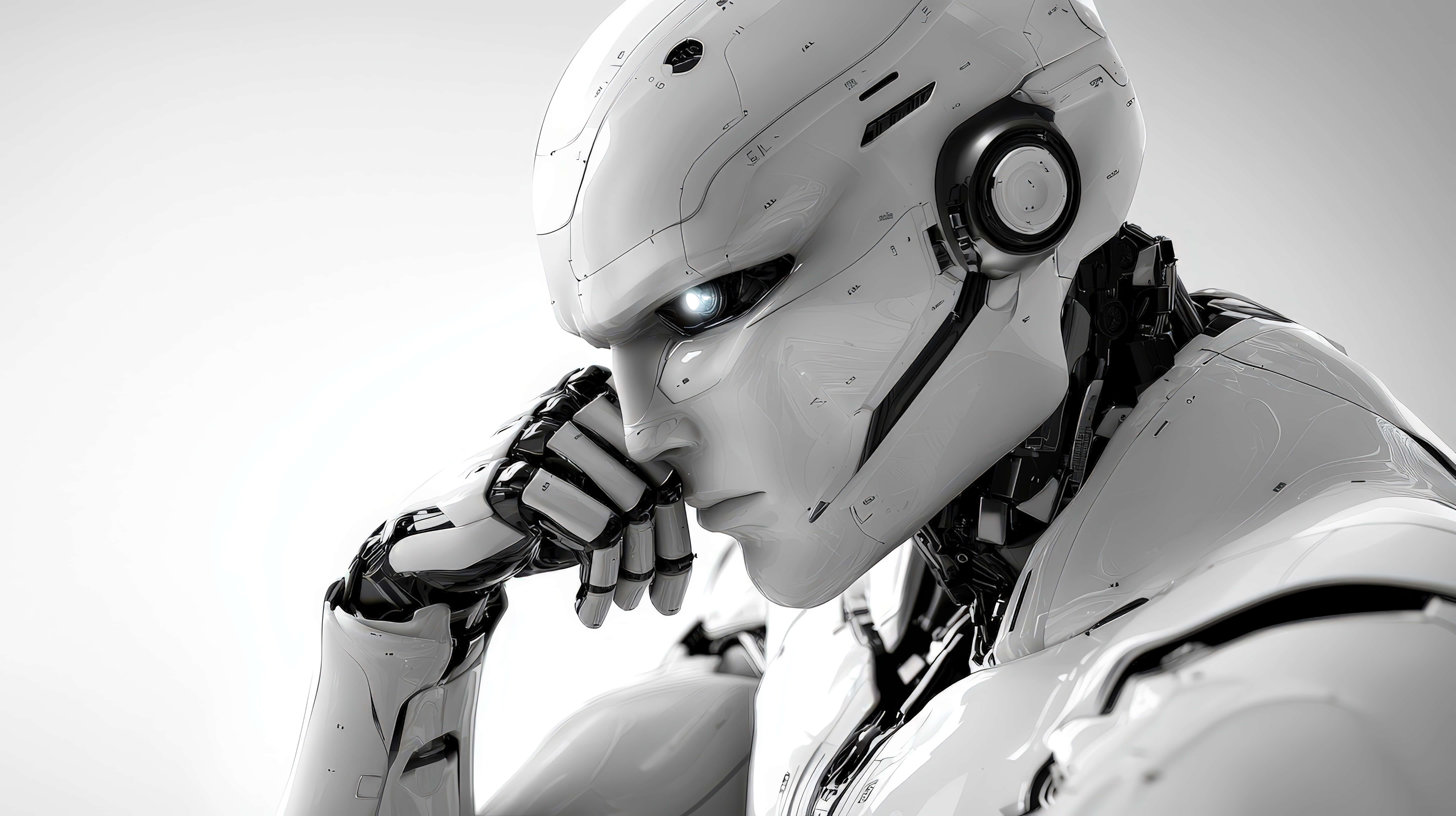 sleek white humanoid robot, glowing blue eye, gloved hand, 8K Desktop Wallpaper