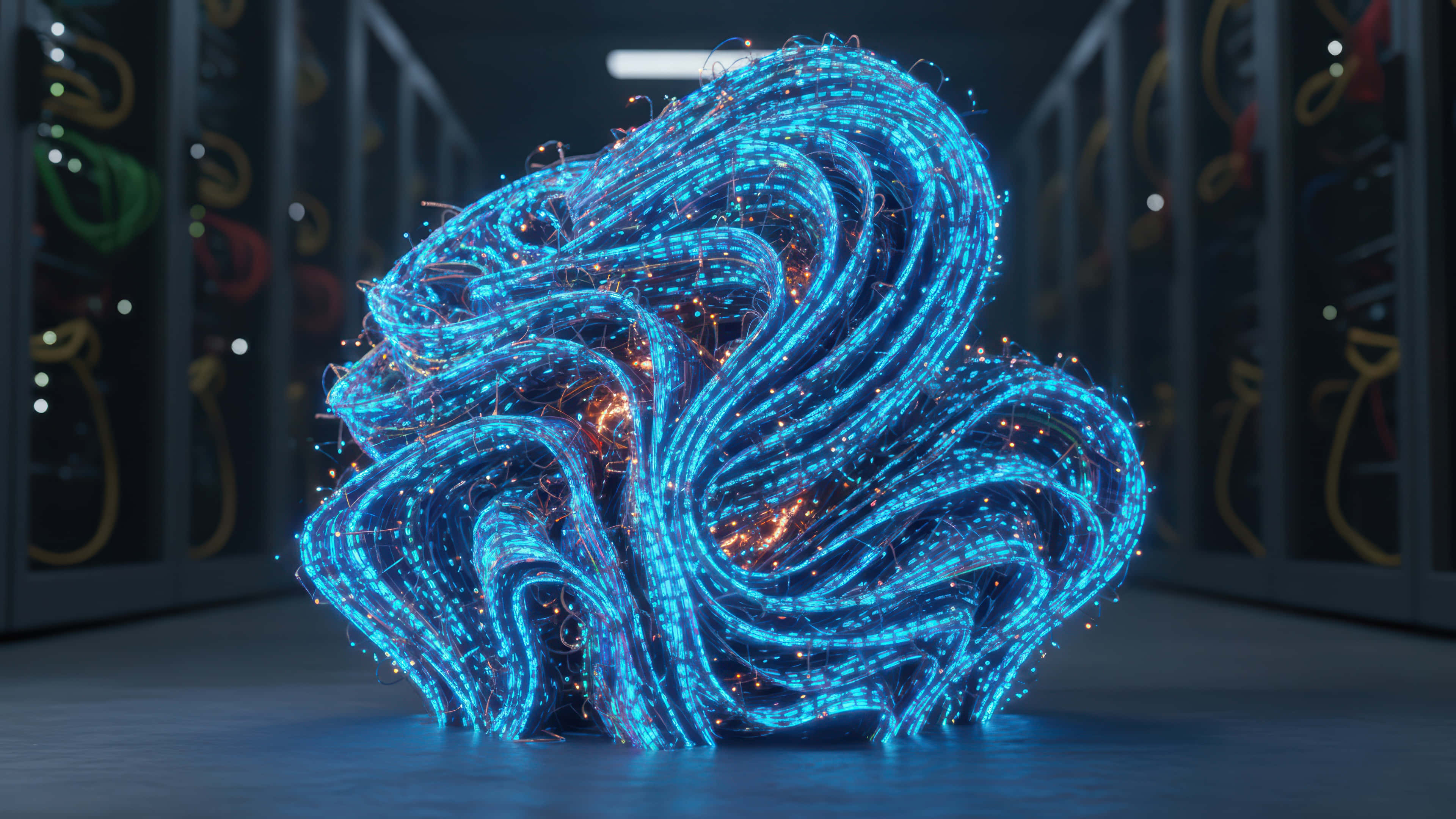 blue led lights, bloom modded wallpaper, glowing blue fiber optic sculpture, 4K Desktop Wallpaper