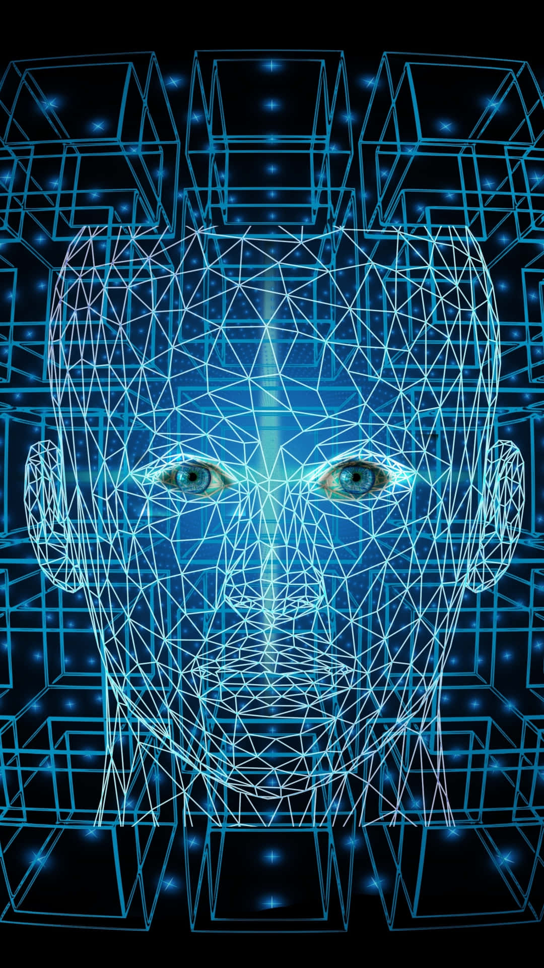 glowing blue wireframe human head, realistic eyes, dark background, Full HD Phone Wallpaper