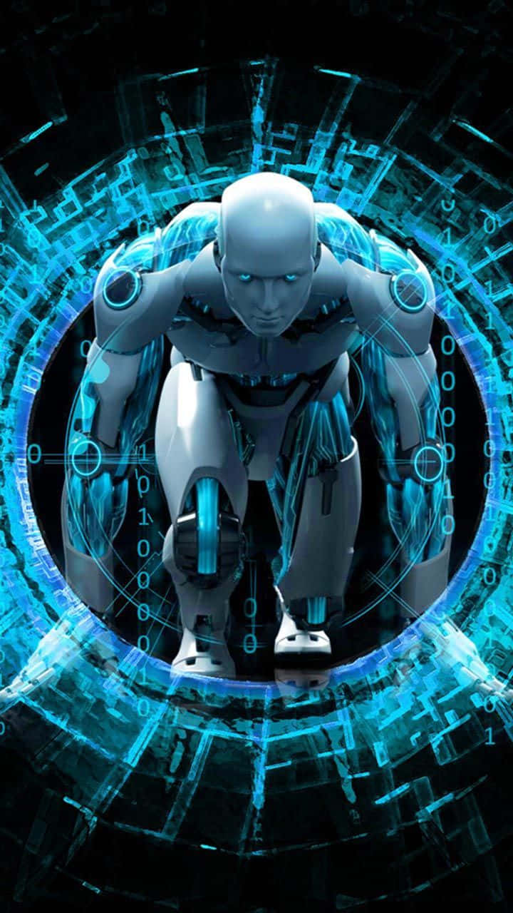 artificial intelligence, humanoid robot, glowing blue digital interface, HD Phone Wallpaper