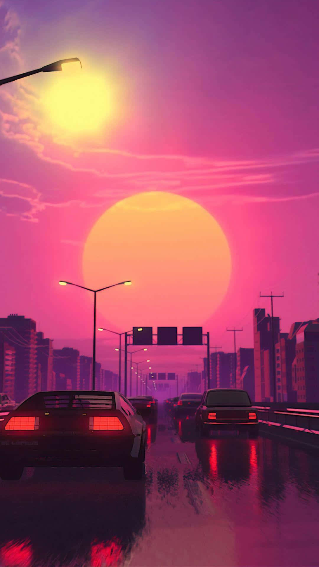retrofuturistic cityscape, sunset, glowing cars, Full HD Phone Wallpaper