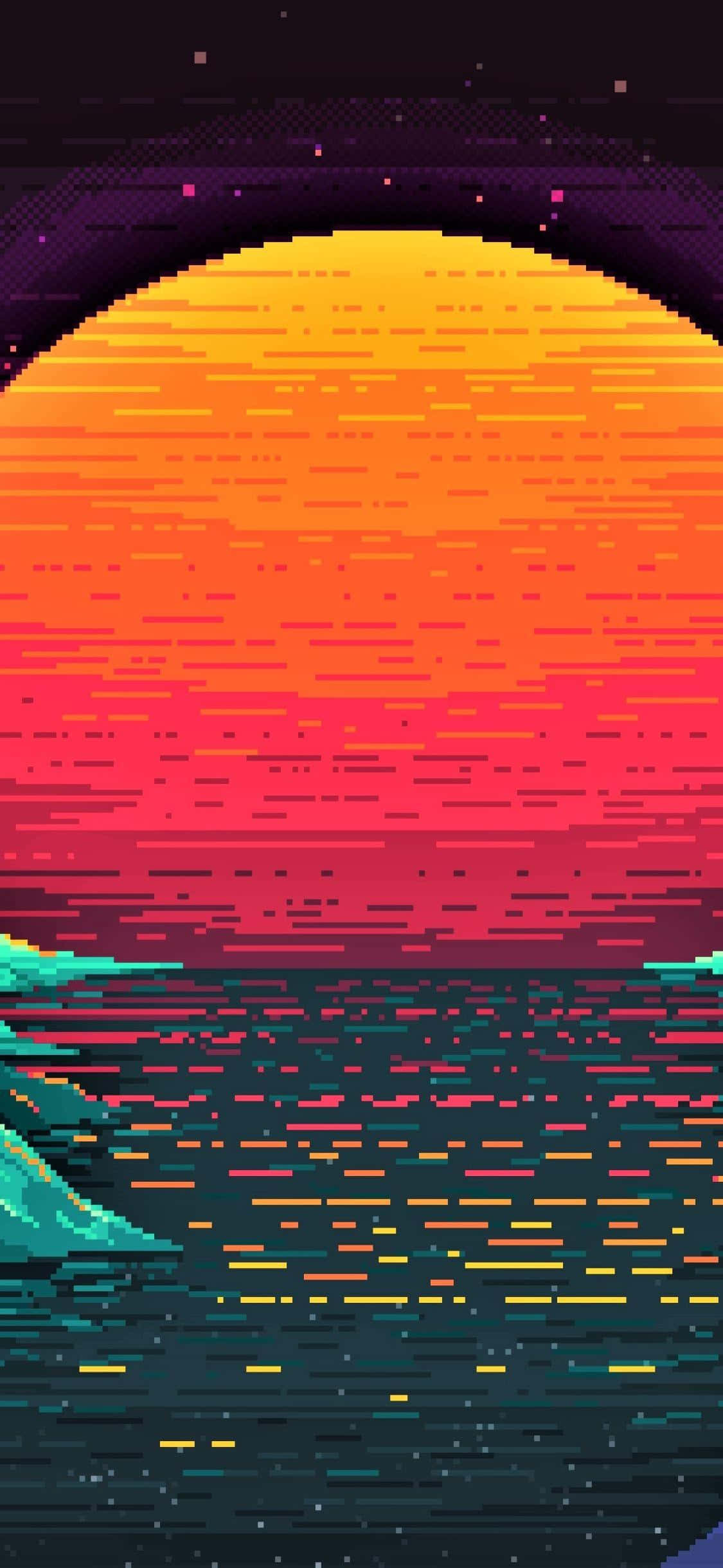 retro pixel sunrise art, orange sun, teal ocean, Full HD Phone Wallpaper