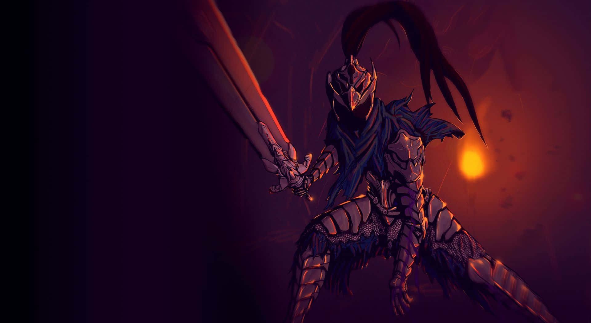 Artorias The Abysswalker, glowing sword, fiery orange and purple backdrop, Full HD Desktop Wallpaper