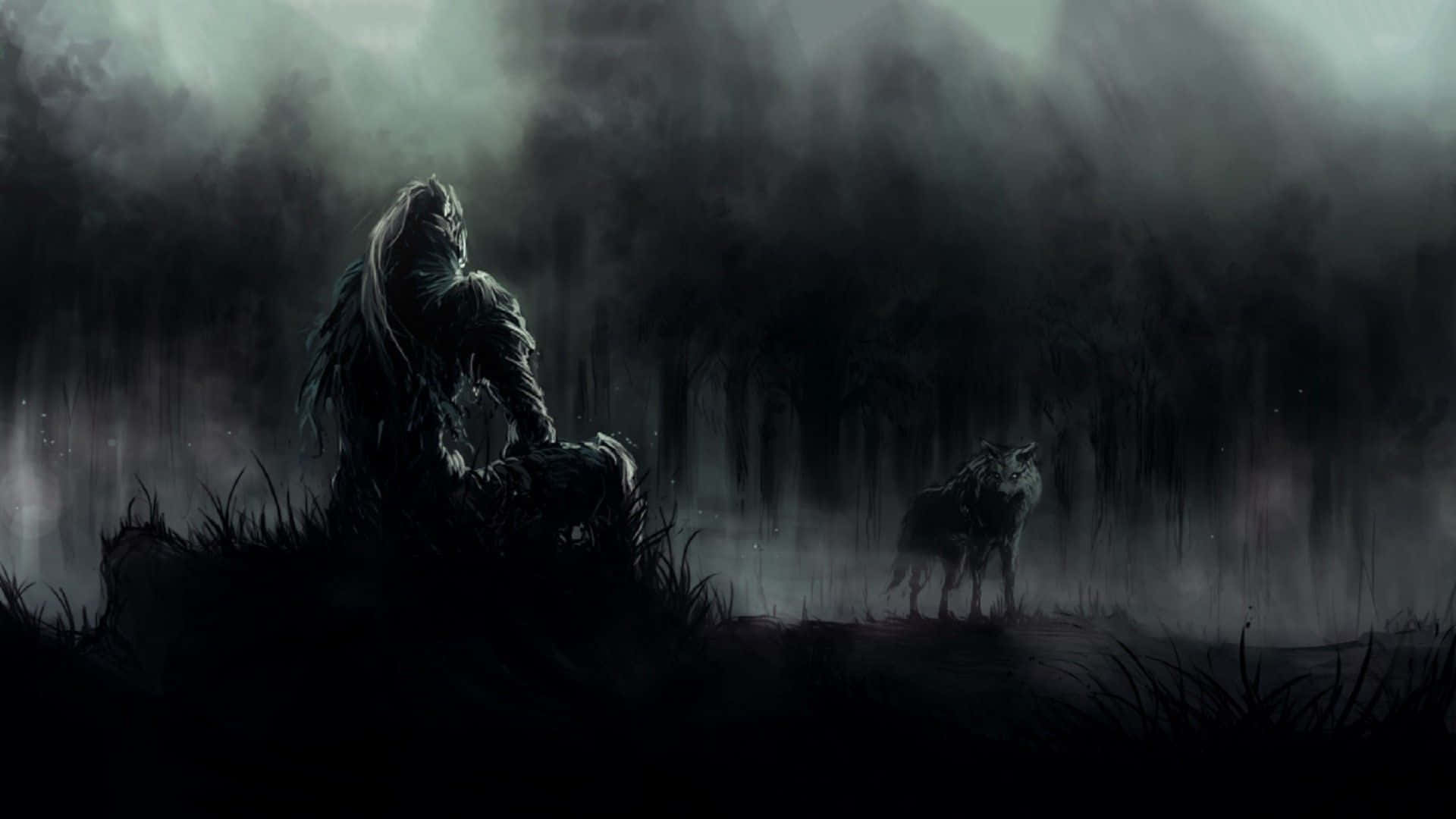 Artorias The Abysswalker, howling wolf, misty dark forest, Full HD Desktop Wallpaper
