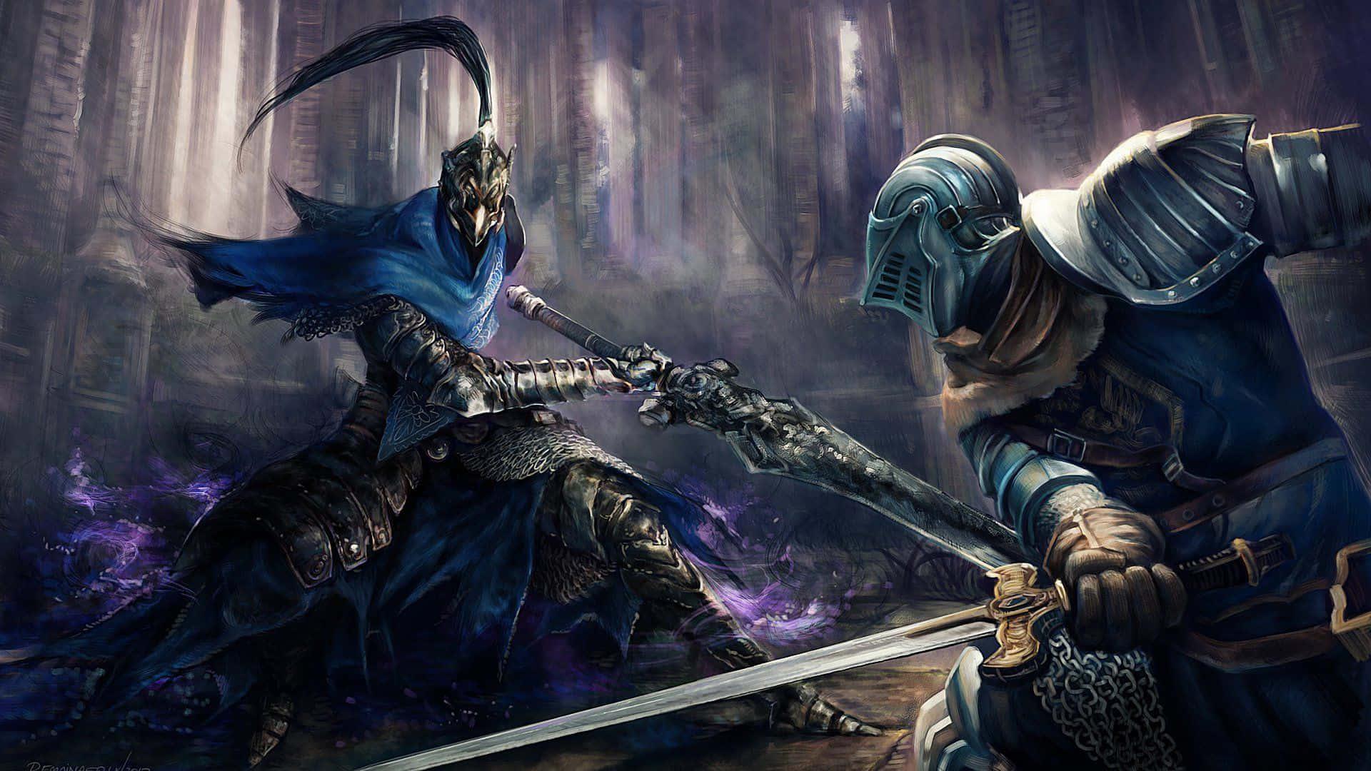 Artorias The Abysswalker, dark gothic cathedral, purple magical energy, Full HD Desktop Wallpaper