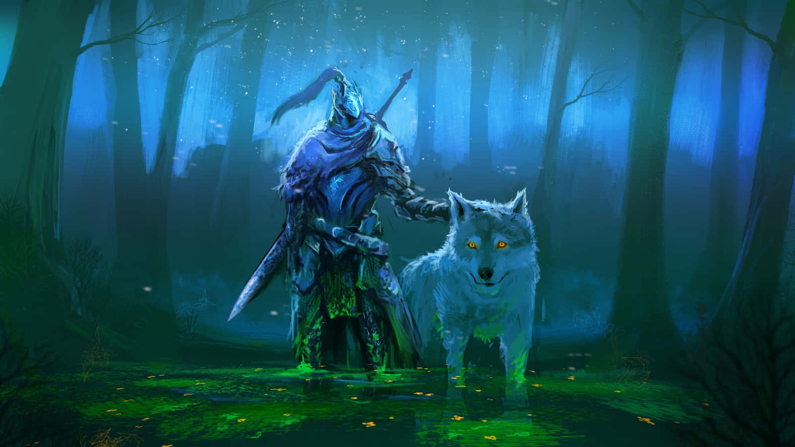 Artorias The Abysswalker, hooded warrior, wolf companion, HD Desktop Wallpaper