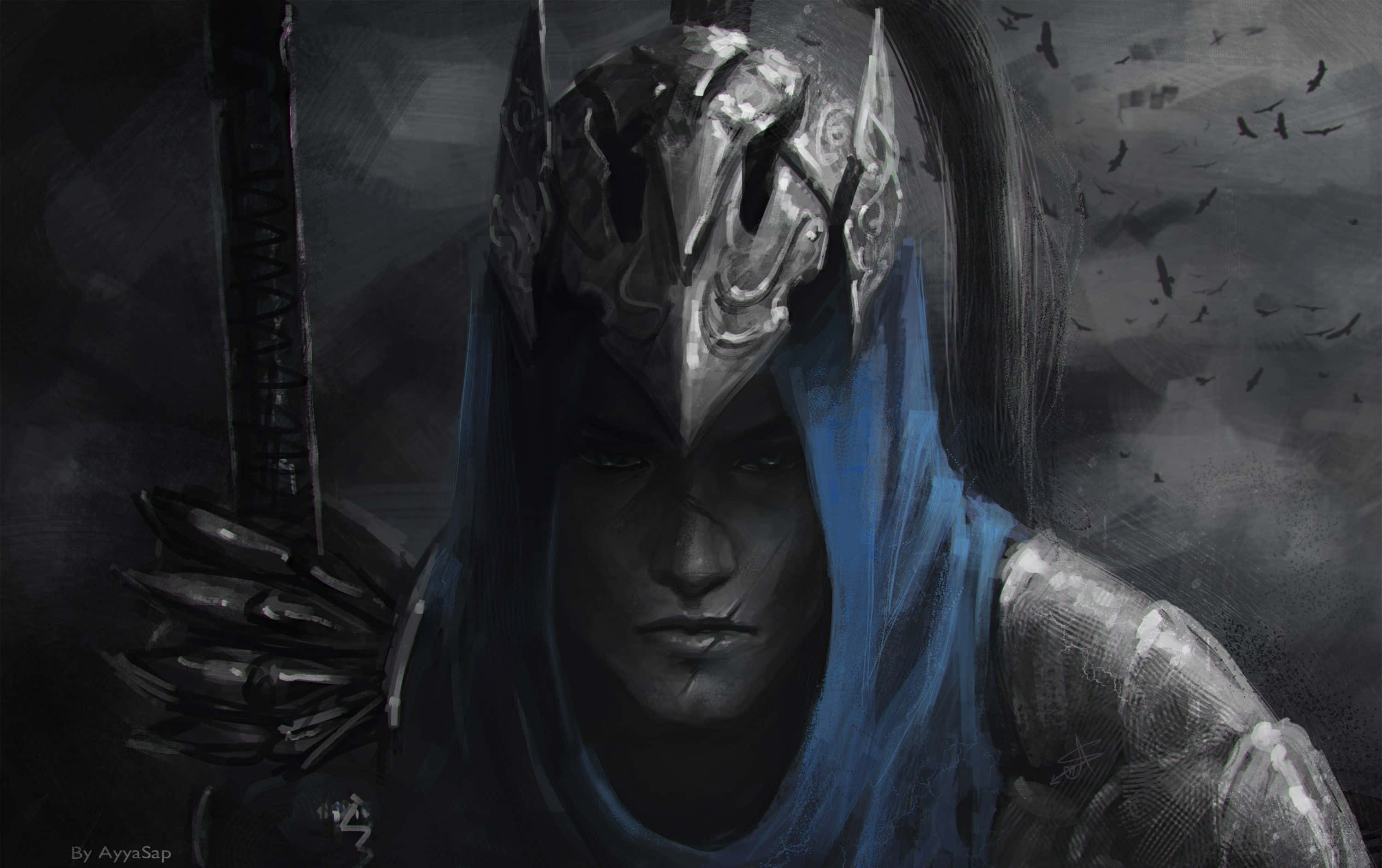 Artorias The Abysswalker, ornate silver helmet, blue hood, 2K Desktop Wallpaper