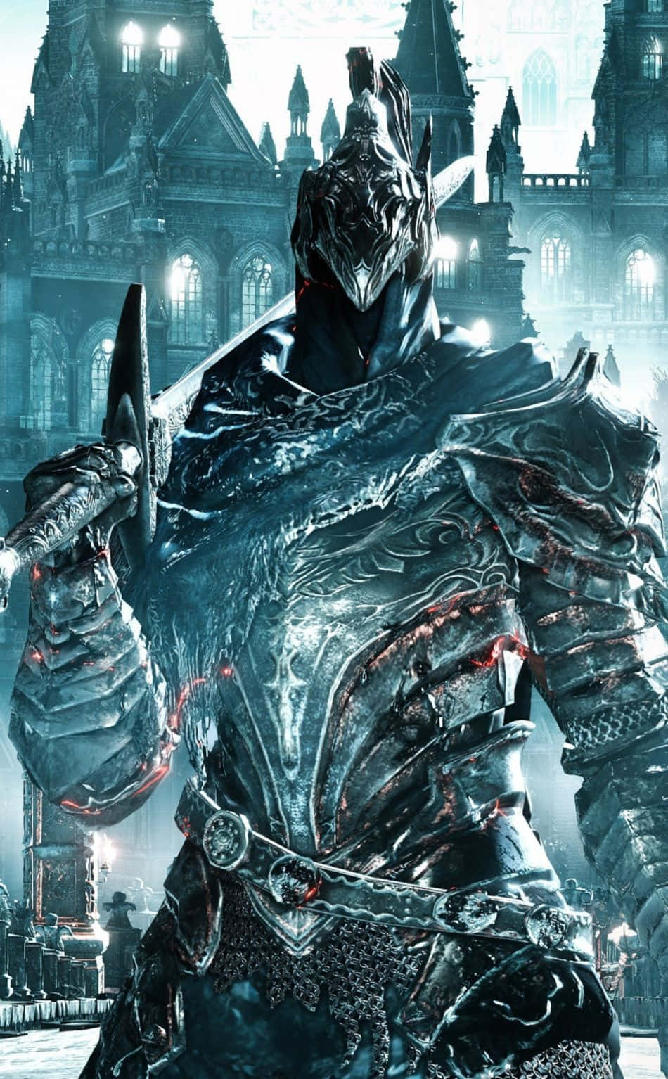 Artorias The Abysswalker, glowing red accents, gothic cathedral, HD Phone Wallpaper