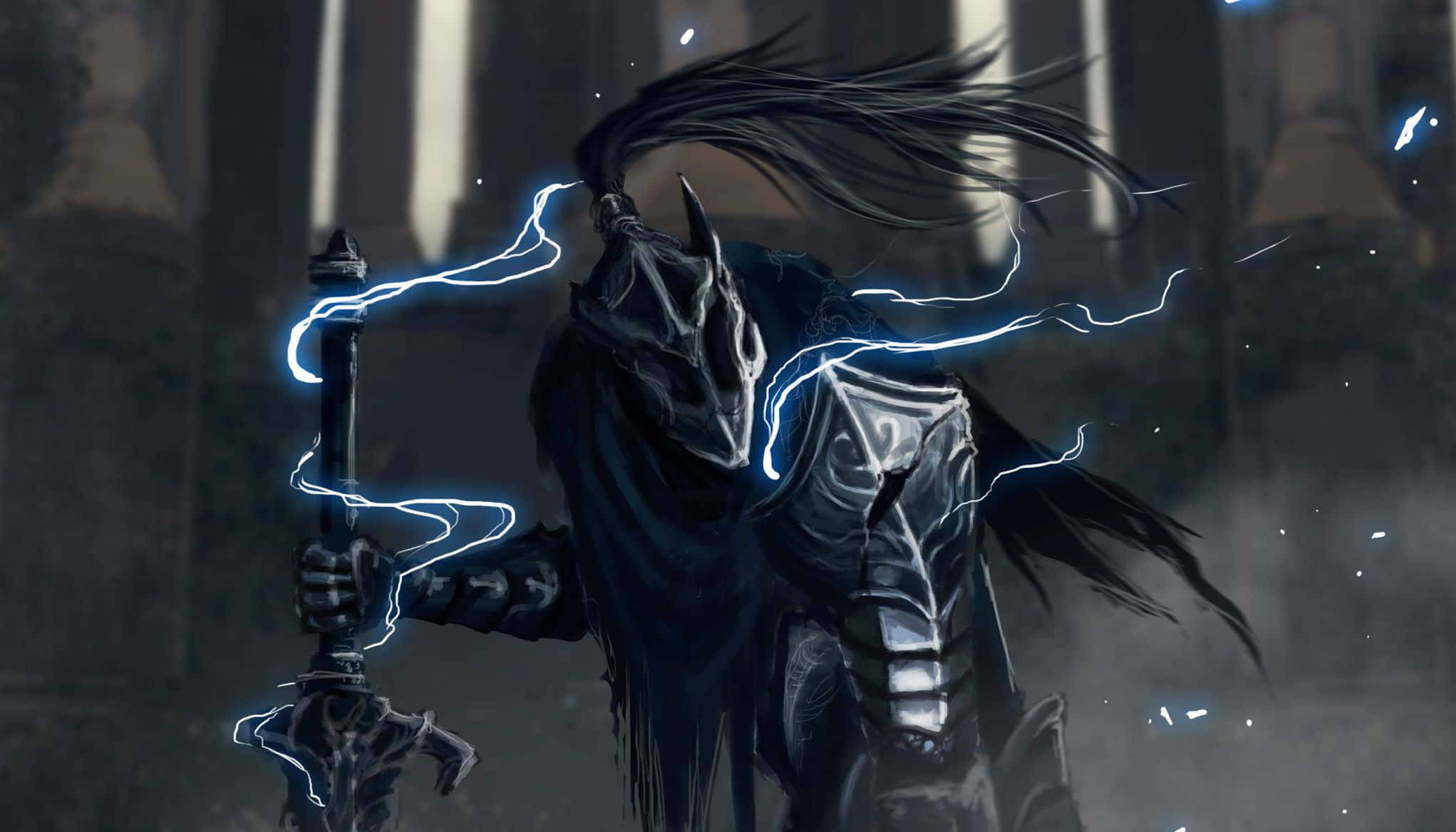 Artorias The Abysswalker, glowing blue lightning sword, misty gothic cathedral, Full HD Desktop Wallpaper