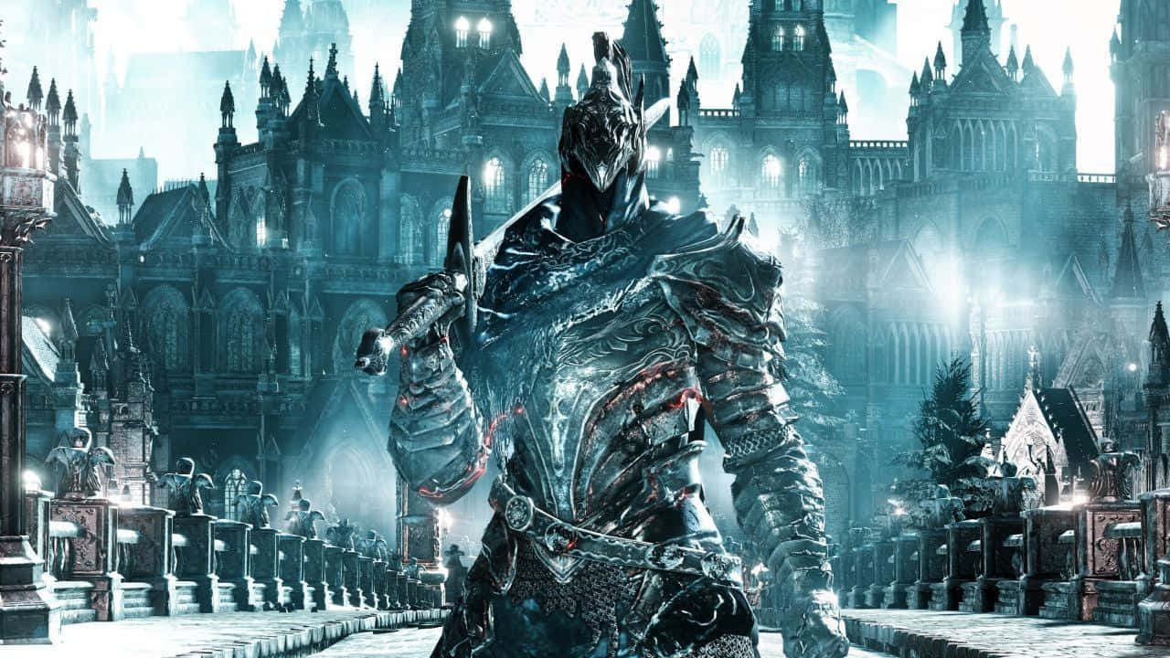 Artorias The Abysswalker, gothic cityscape, misty twilight sky, HD Desktop Wallpaper
