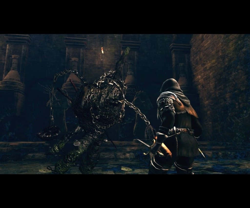 Artorias The Abysswalker, hooded warrior, grotesque chain-wielding monster, SD Desktop Wallpaper