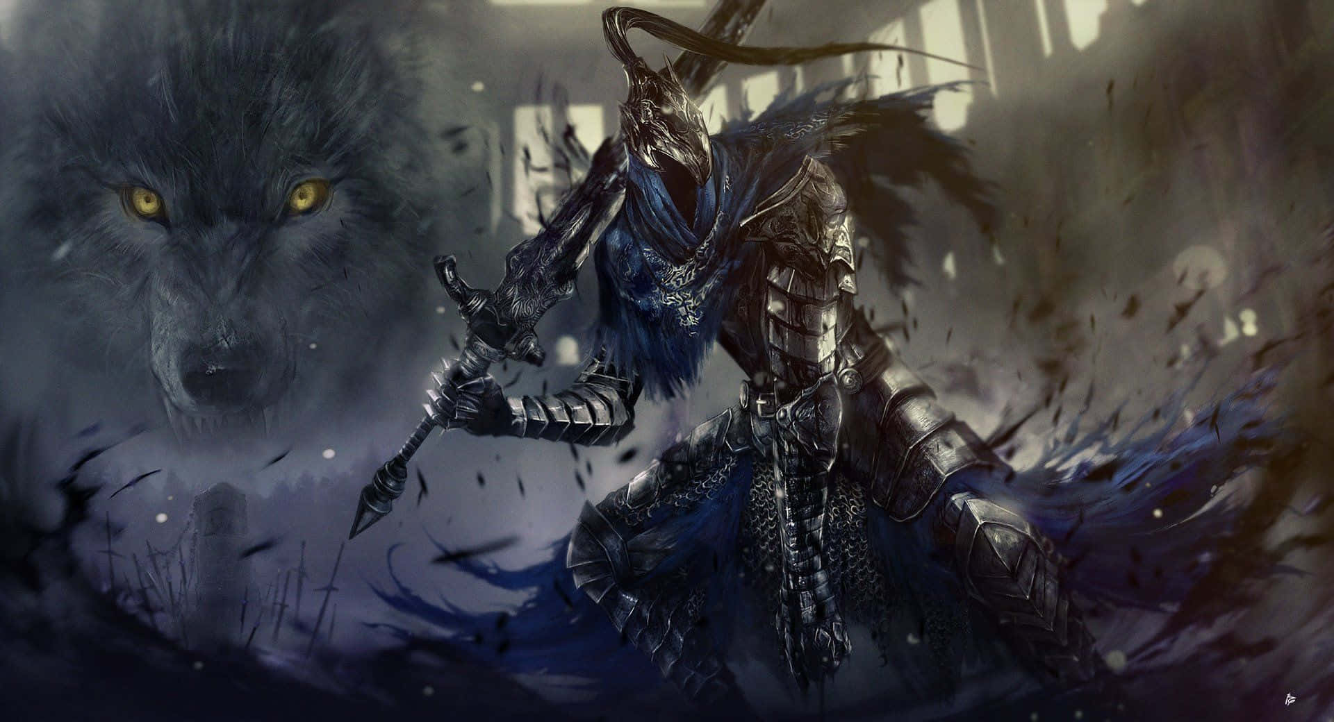 Artorias The Abysswalker, wolf companion, stormy battlefield, Full HD Desktop Wallpaper