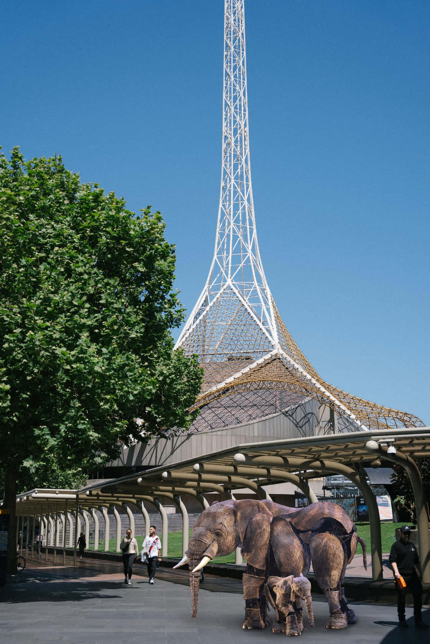Arts Centre Melbourne, elephant statues, modern canopy, Full HD Phone Wallpaper