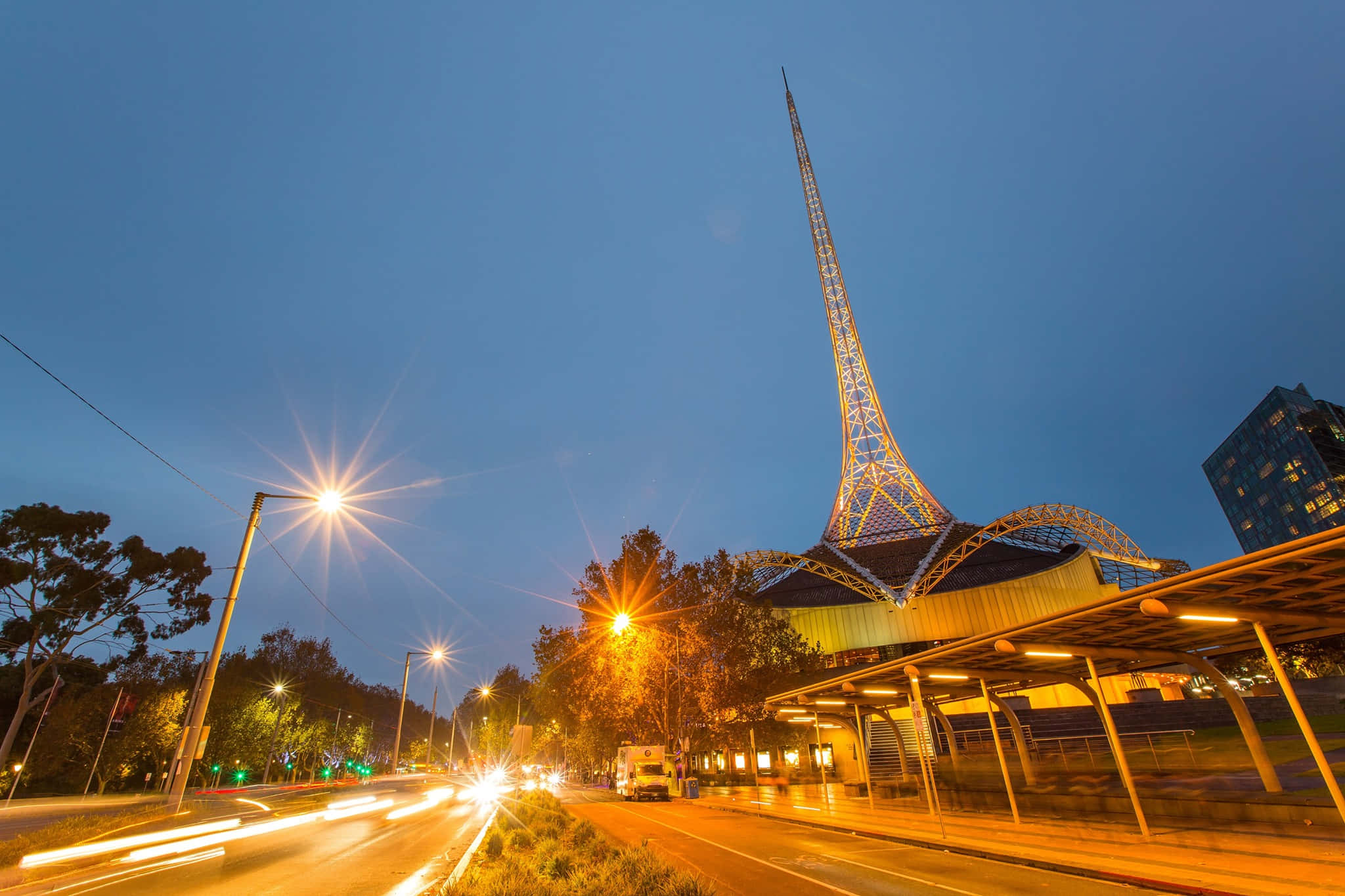 Arts Centre Melbourne, spire, twilight, Full HD Desktop Wallpaper
