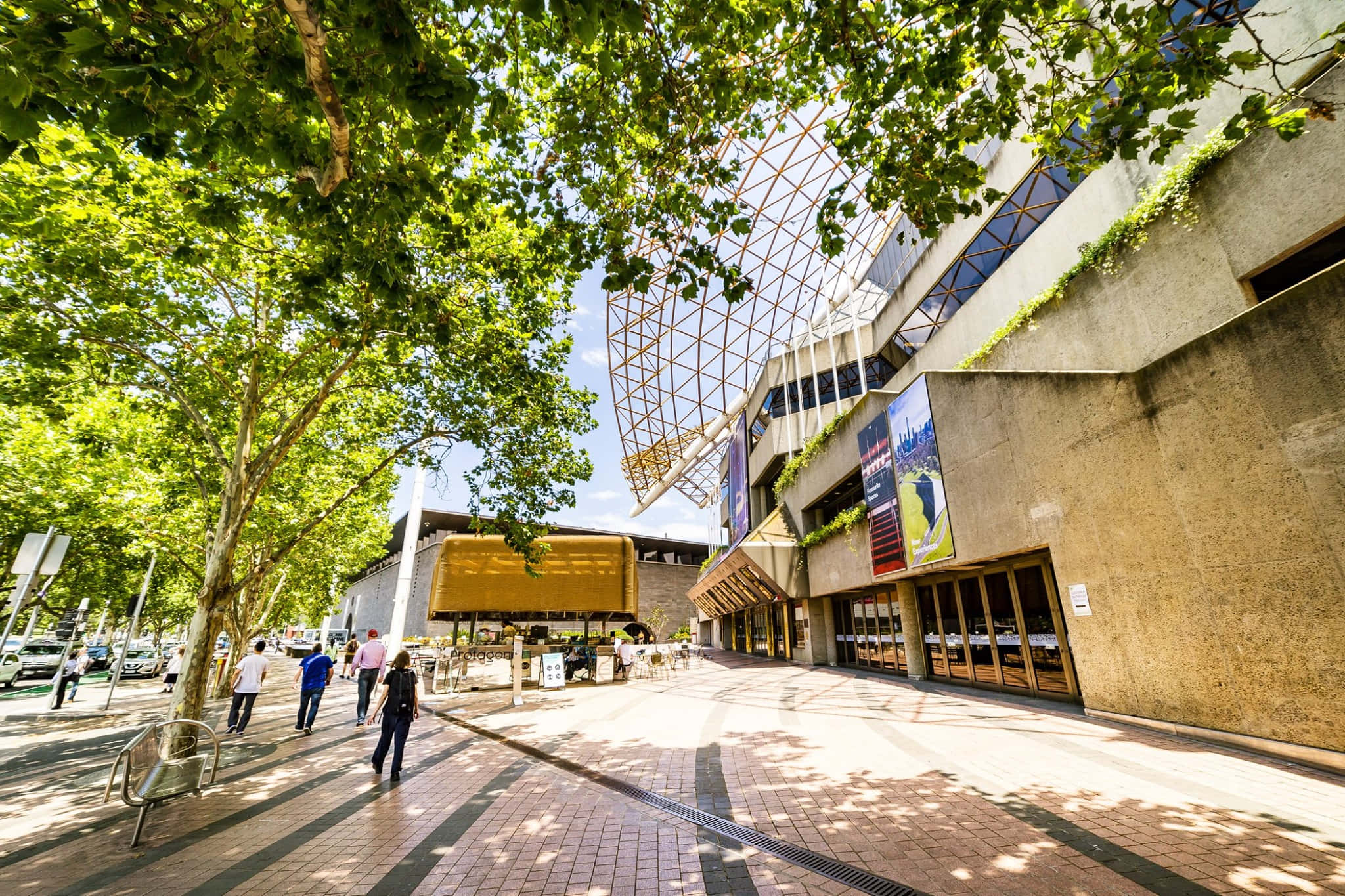 Arts Centre Melbourne, urban plaza, lush green trees, Full HD Desktop Wallpaper