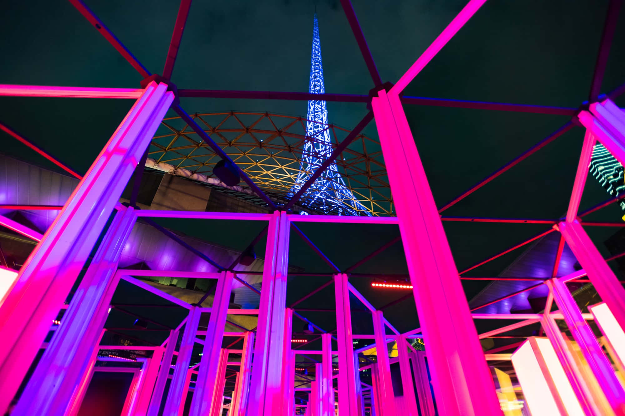 Arts Centre Melbourne, neon, pink neon beams, Full HD Desktop Wallpaper