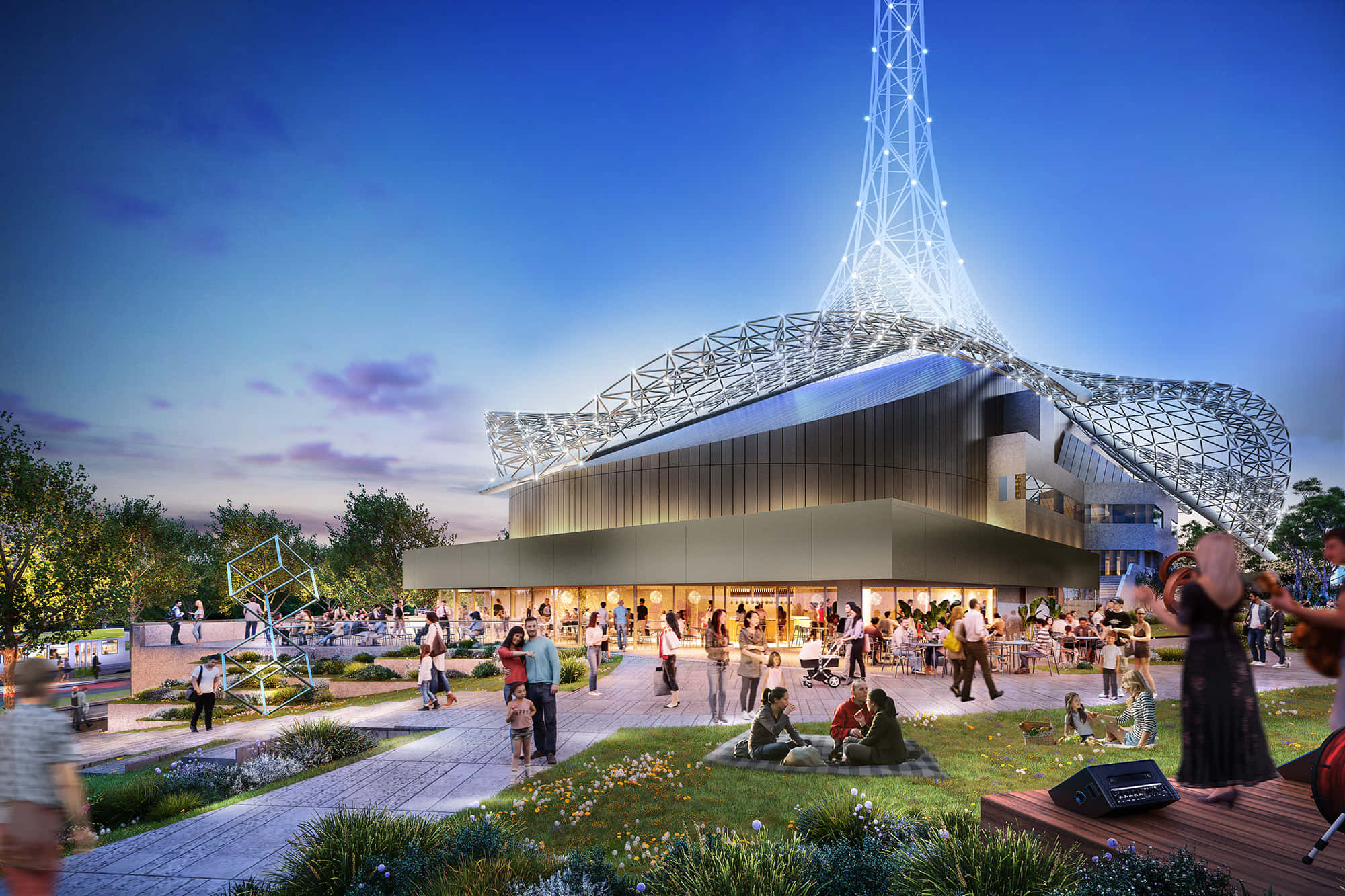 Arts Centre Melbourne, evening gathering, glowing lattice tower, Full HD Desktop Wallpaper