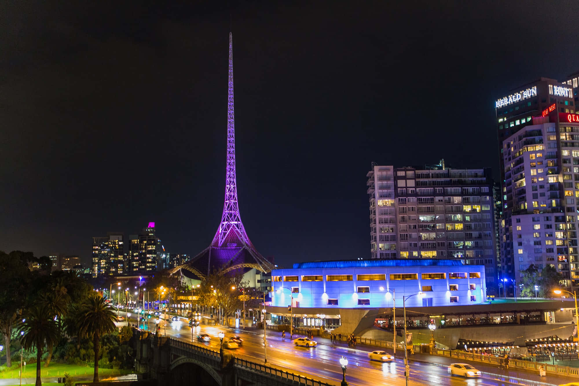 Arts Centre Melbourne, night cityscape, glowing purple spire, Full HD Desktop Wallpaper