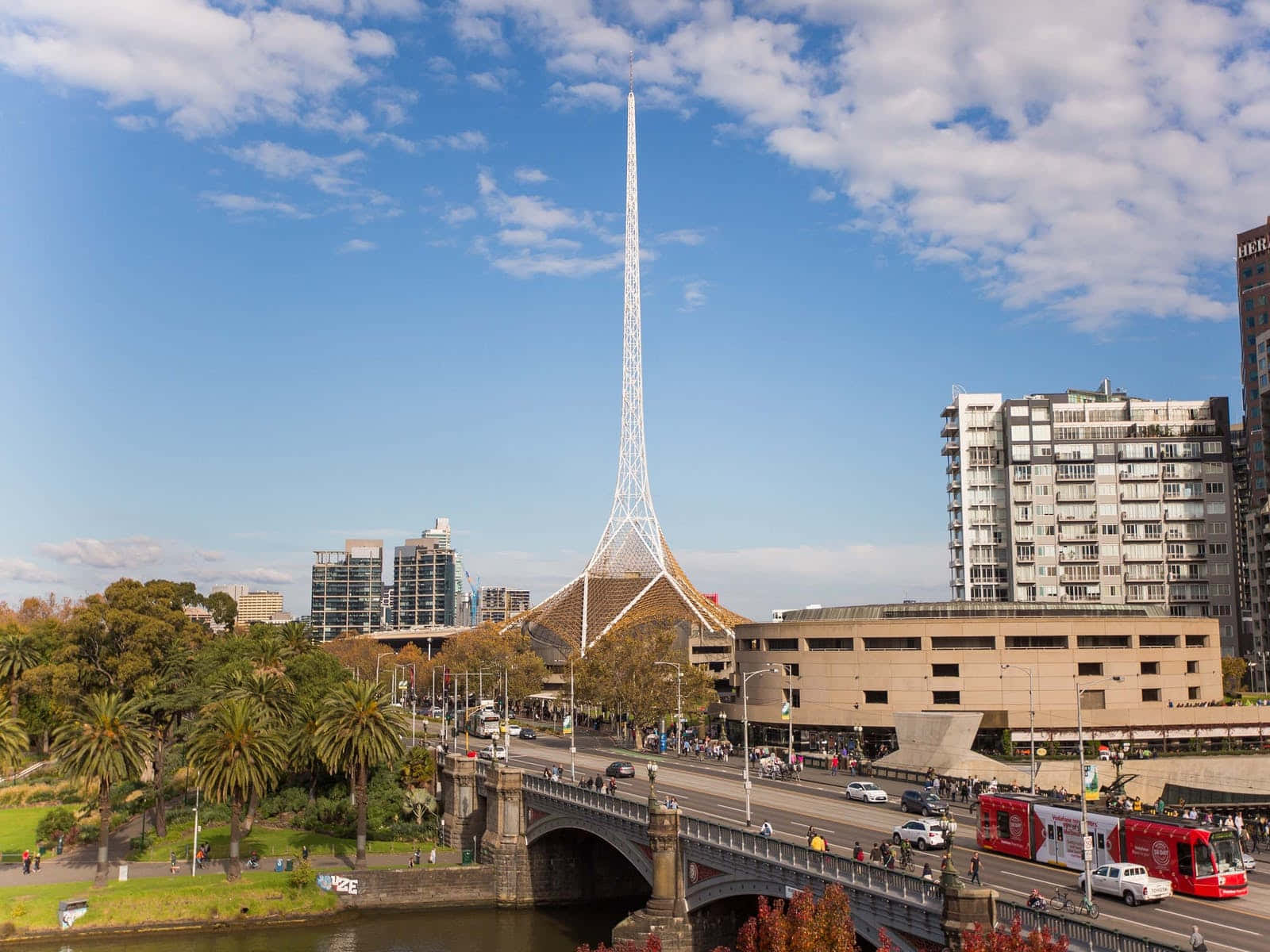 Arts Centre Melbourne, spire, stone bridge, HD Desktop Wallpaper