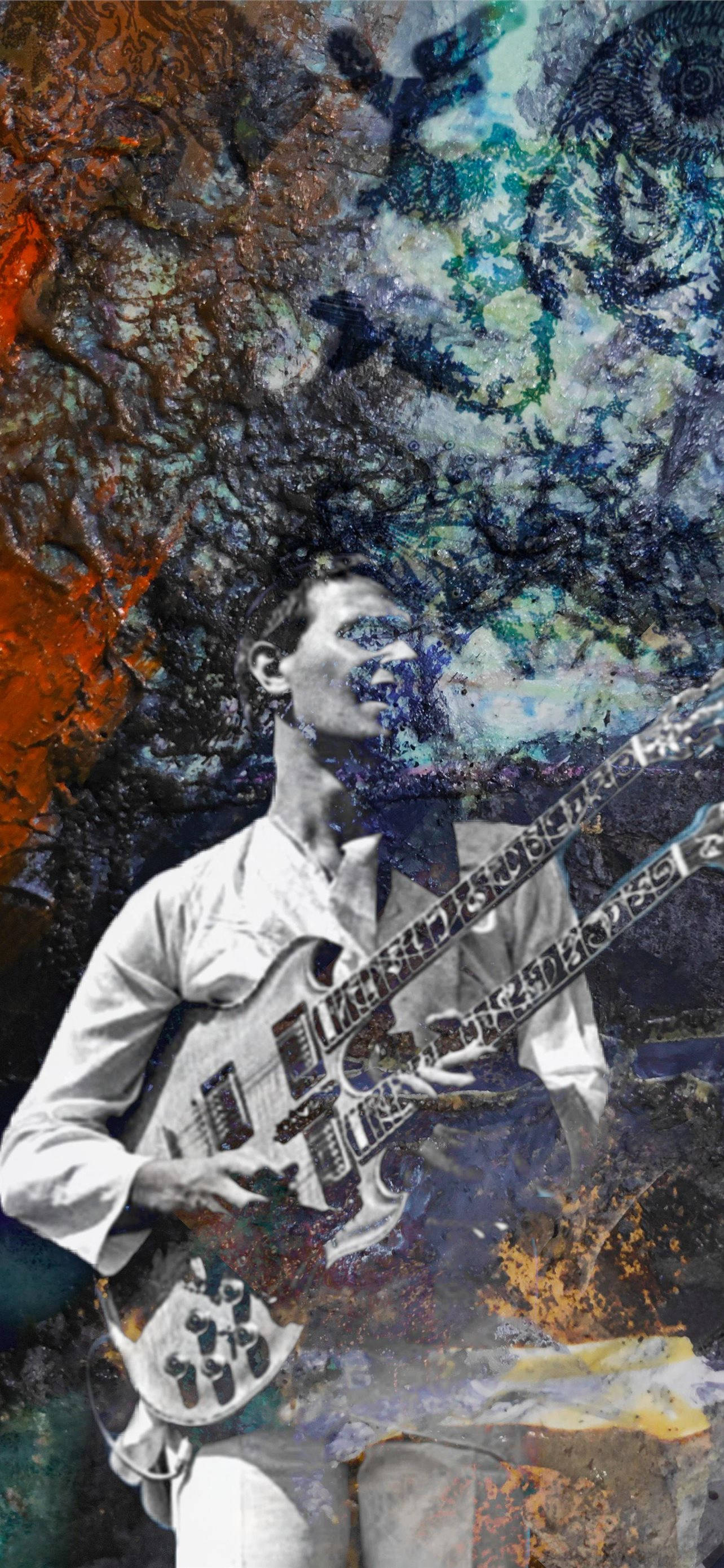 jazz guitarist, electric guitar, surreal abstract background, 2K Phone Wallpaper