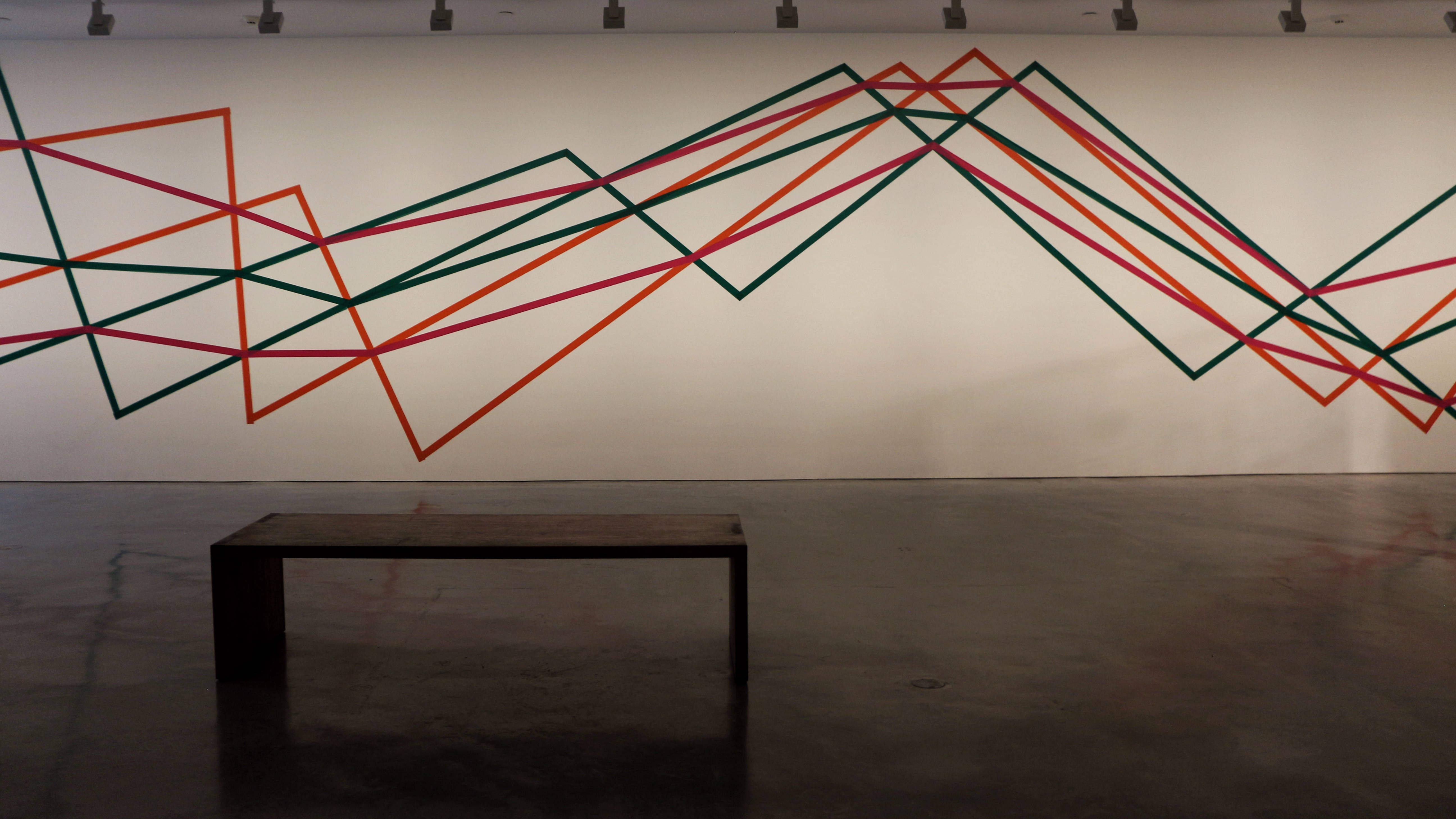 Gallery Art, red orange and green geometric lines, abstract wall art installation, 5K Desktop Wallpaper