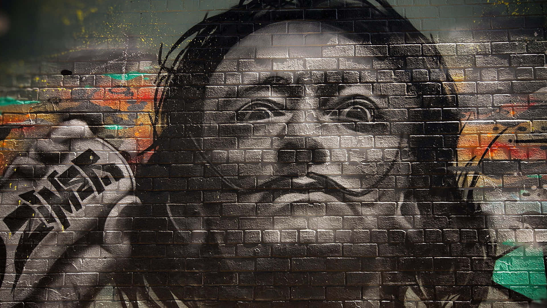 graffiti mural, man with a mustache, spray can, Full HD Desktop Wallpaper