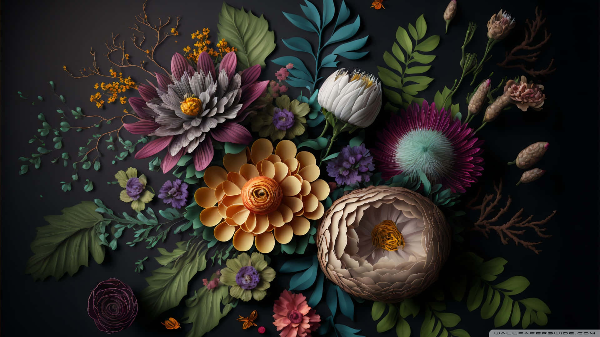 floral, botanical, paper-cut, Full HD Desktop Wallpaper