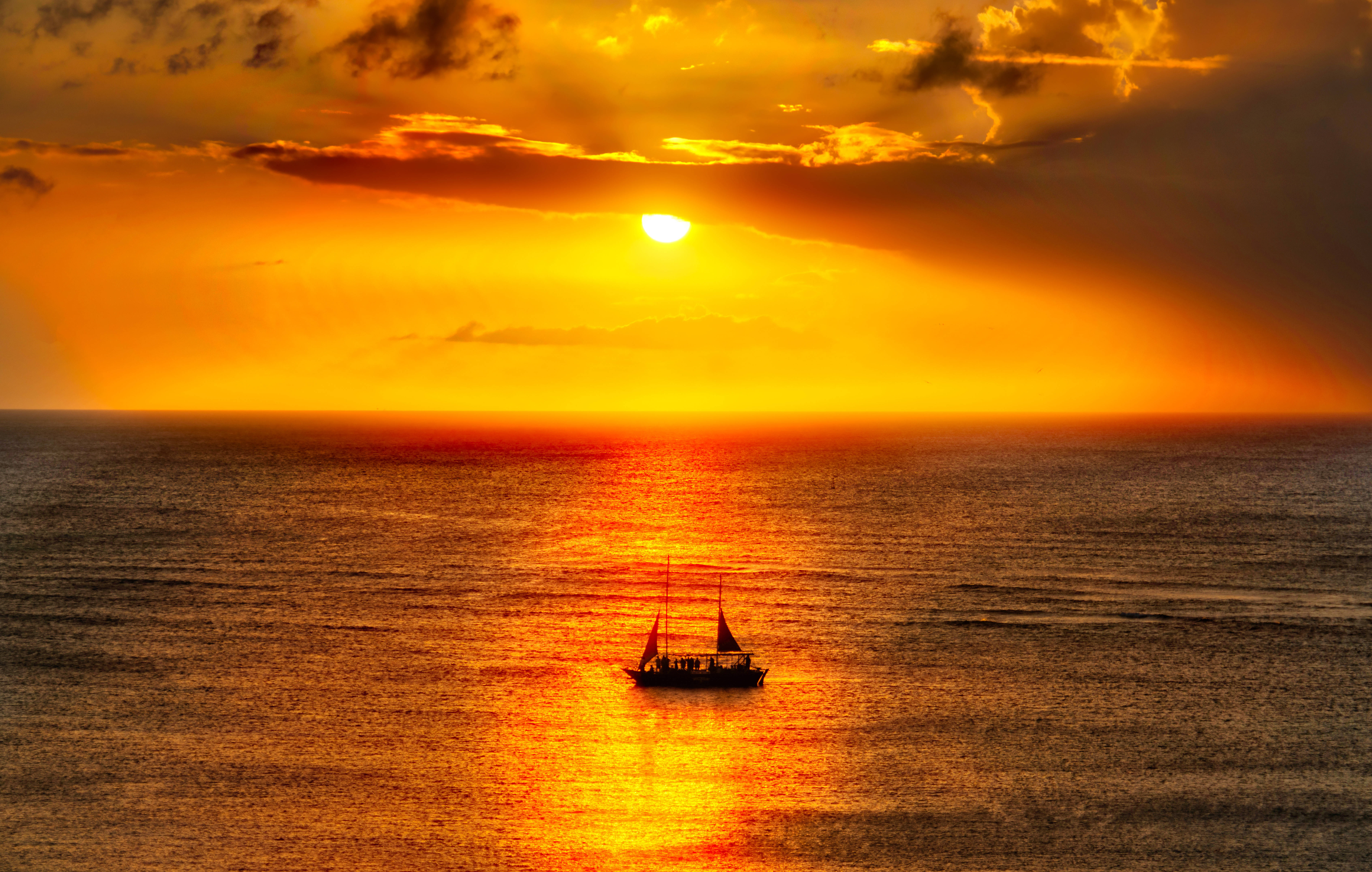 Aruba, Golden Sunset, sailboat, 5K Desktop Wallpaper